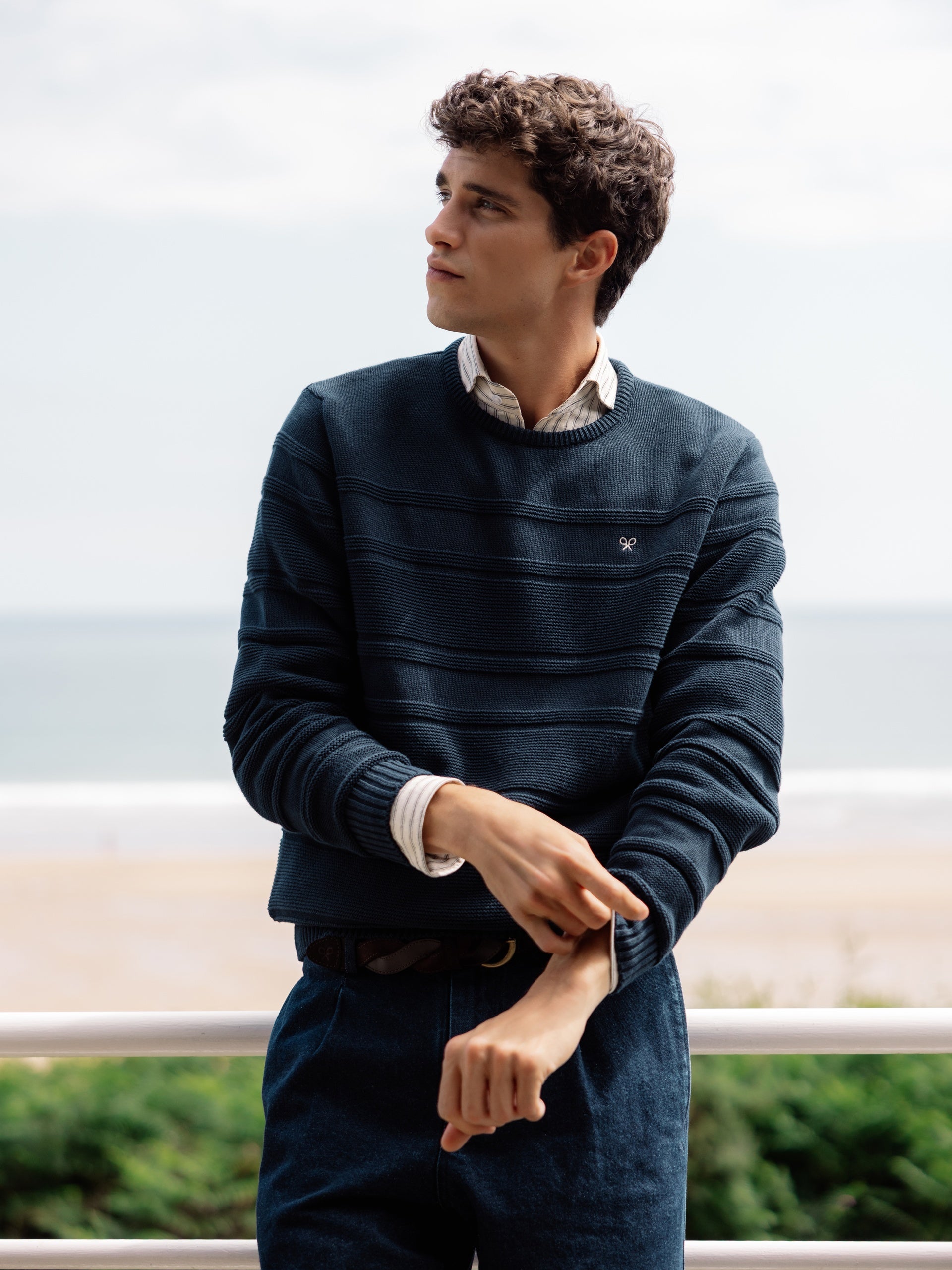 Navy blue mini logo braided sweater