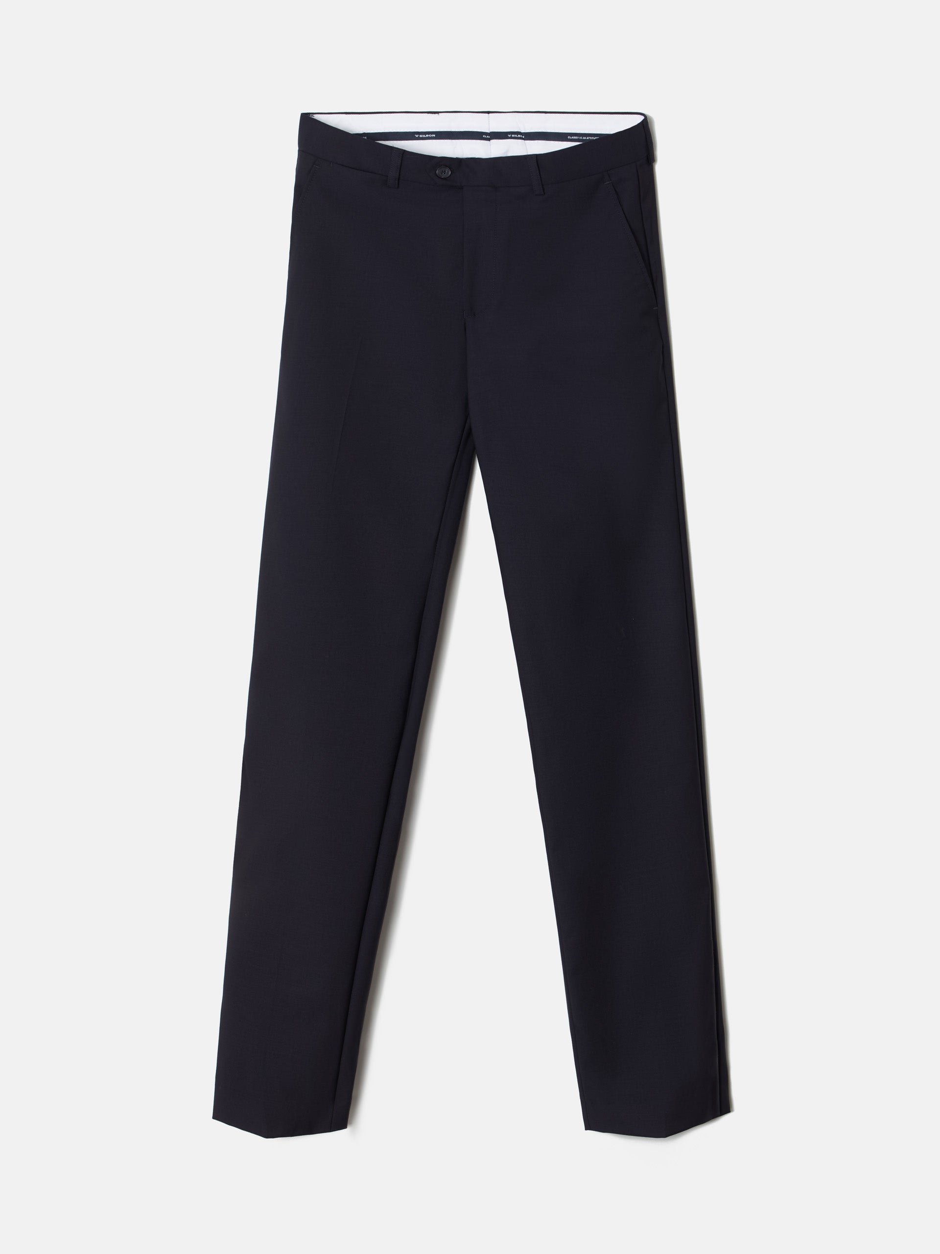 Navy blue stretch double-breasted suit pants