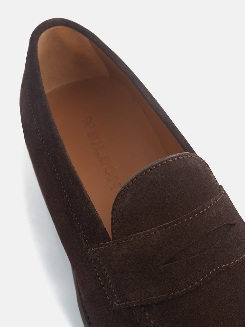 Brown suede penny loafer