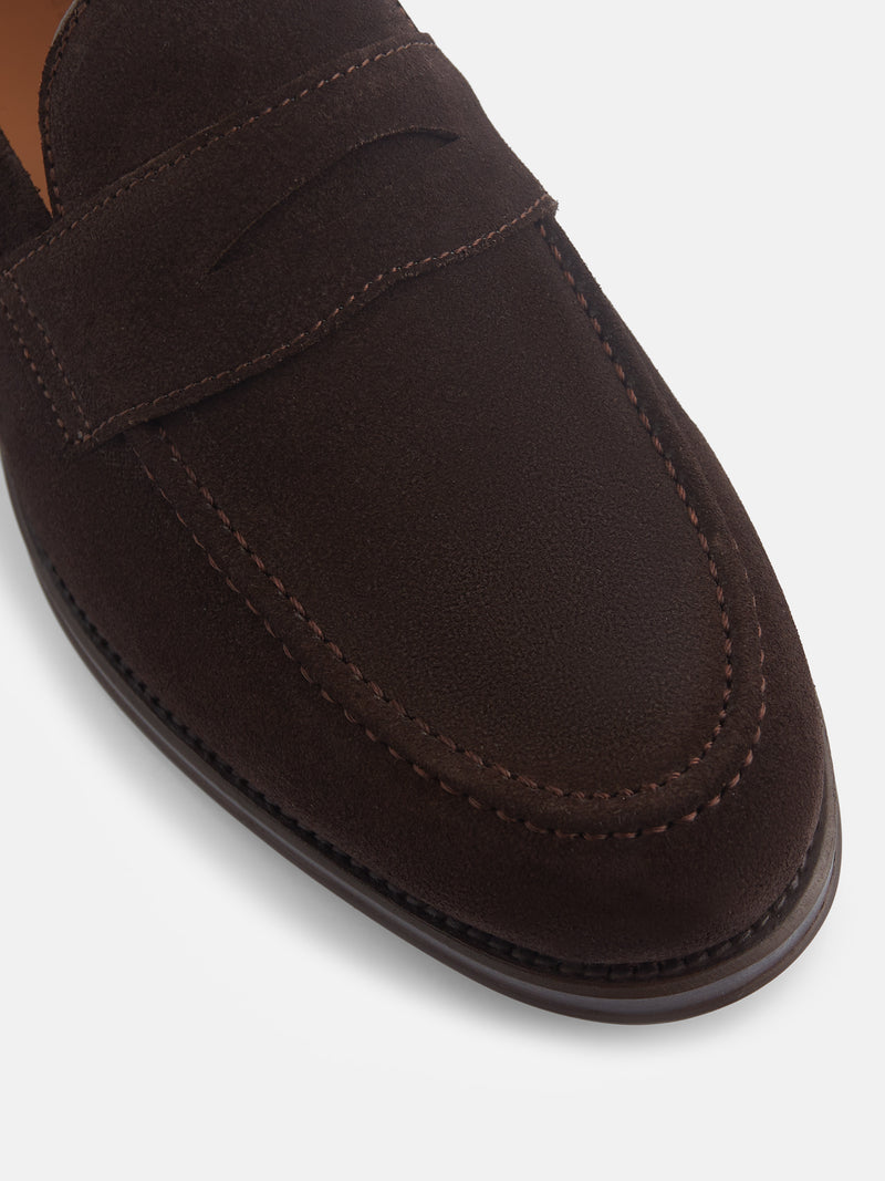 Brown suede penny loafer