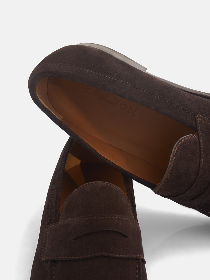 Brown suede penny loafer