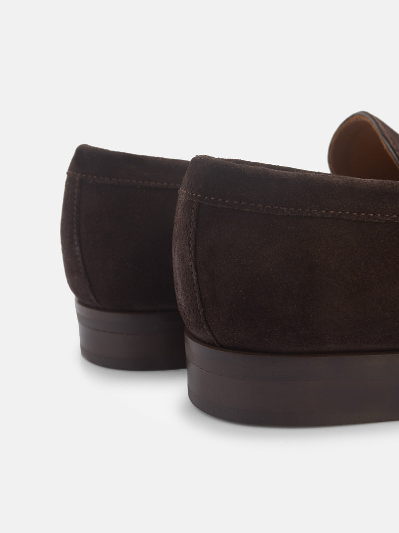 Brown suede penny loafer