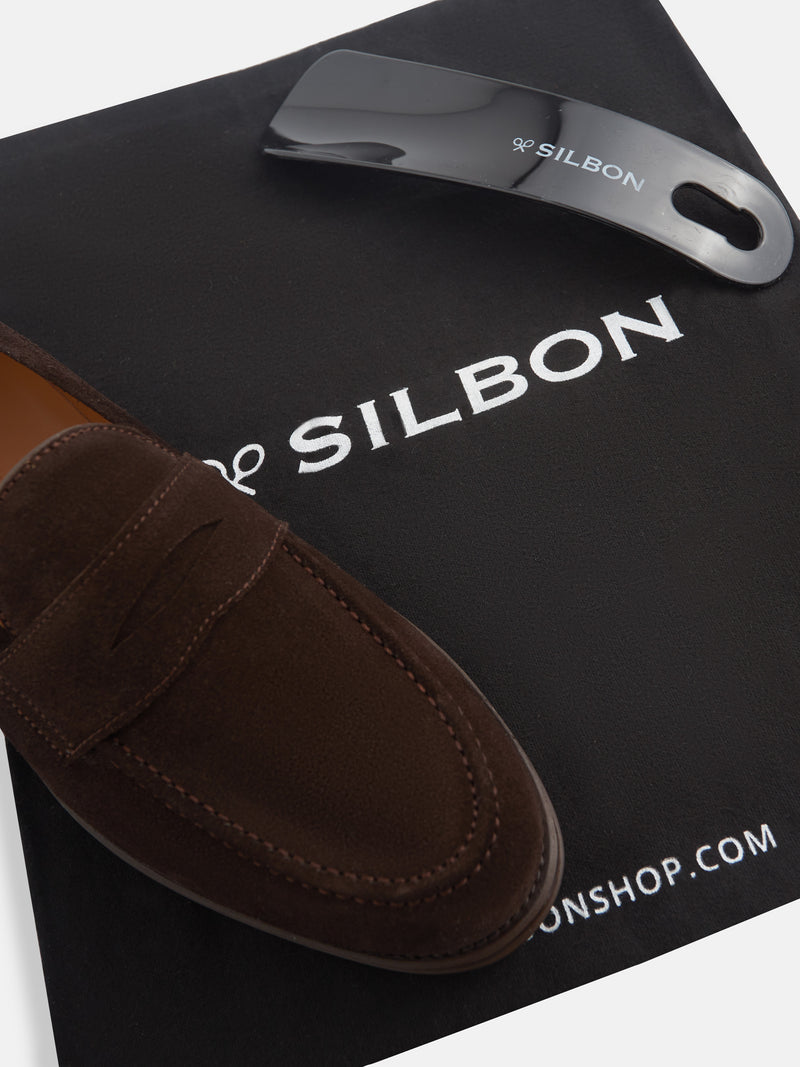 Brown suede penny loafer