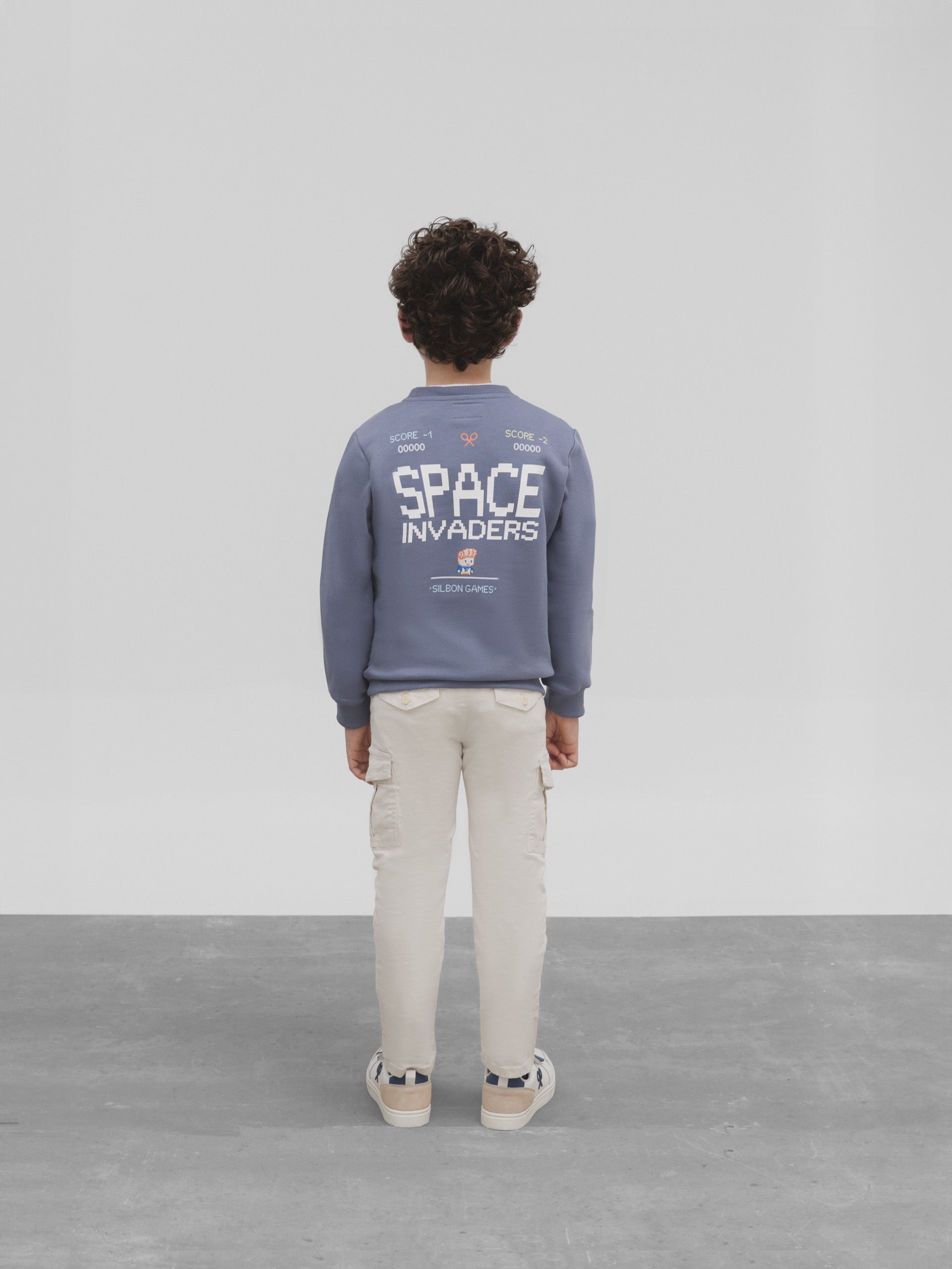kids space invaders sweatshirt gray blue