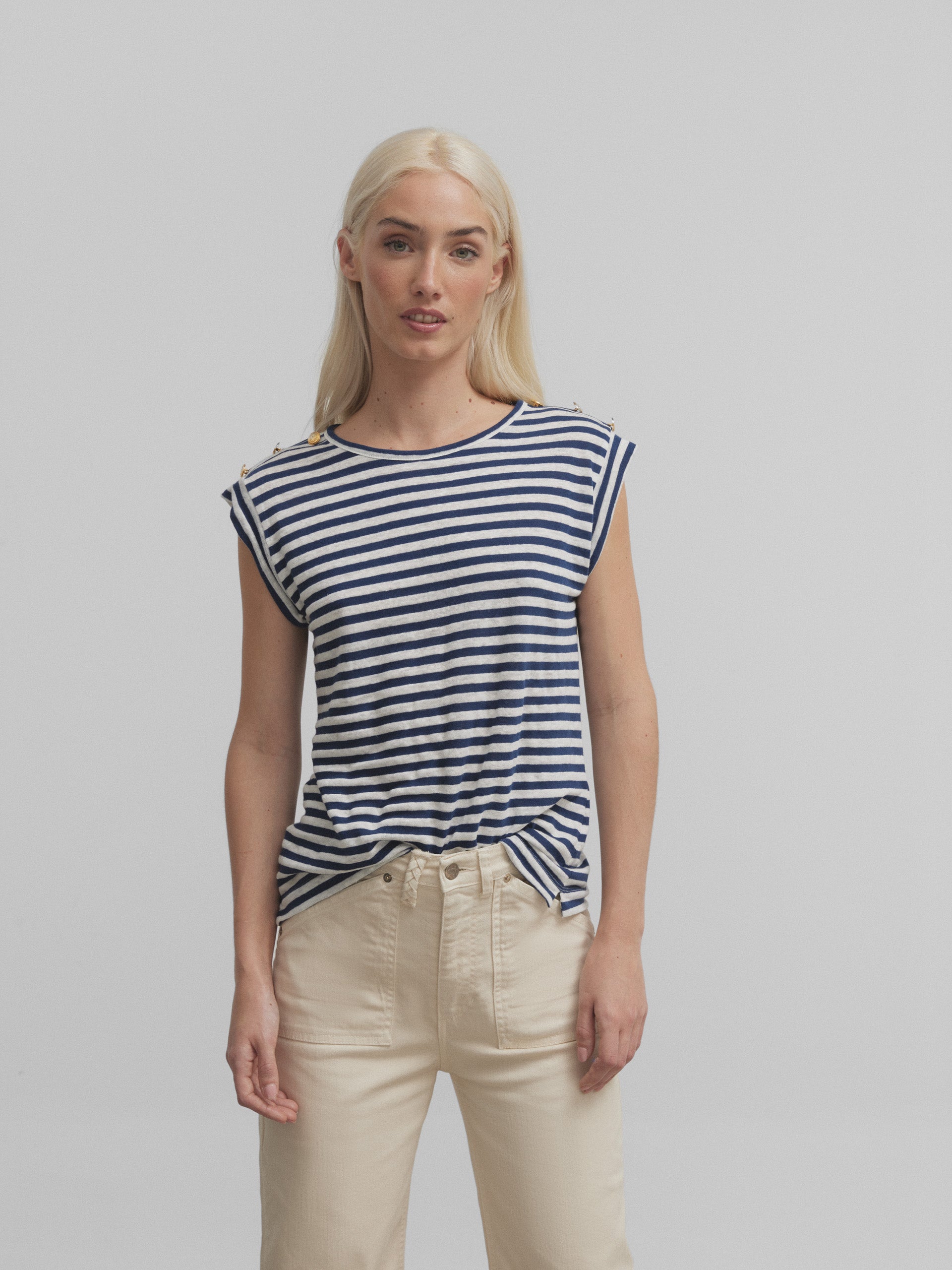 Navy blue and ecru striped linen t-shirt