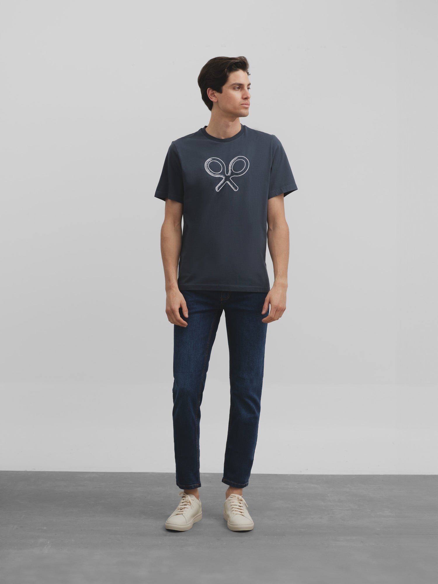 Navy blue embroidered racket t-shirt