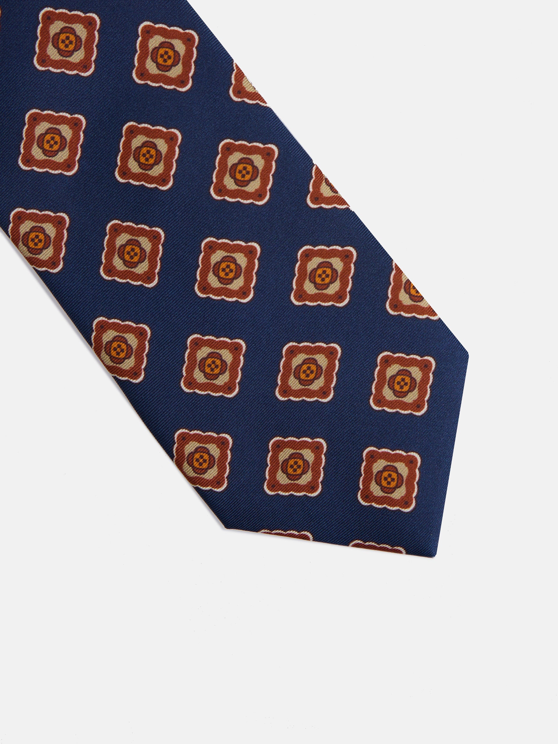 Gravata de seda estampada com padrão de azulejo azul