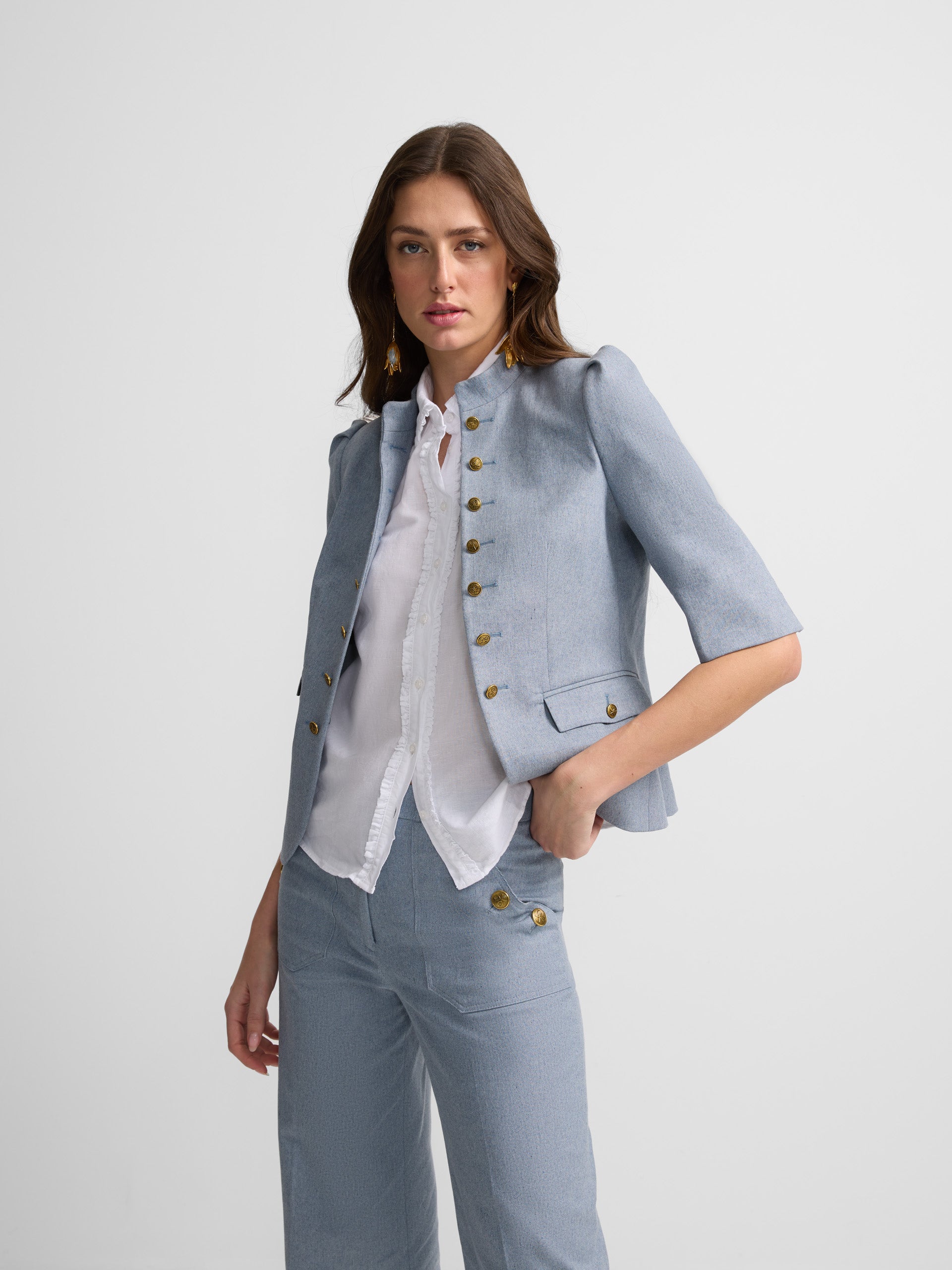 Light Blue Look Jeans Blazer Light Blue Linen Short Sleeve Blazer