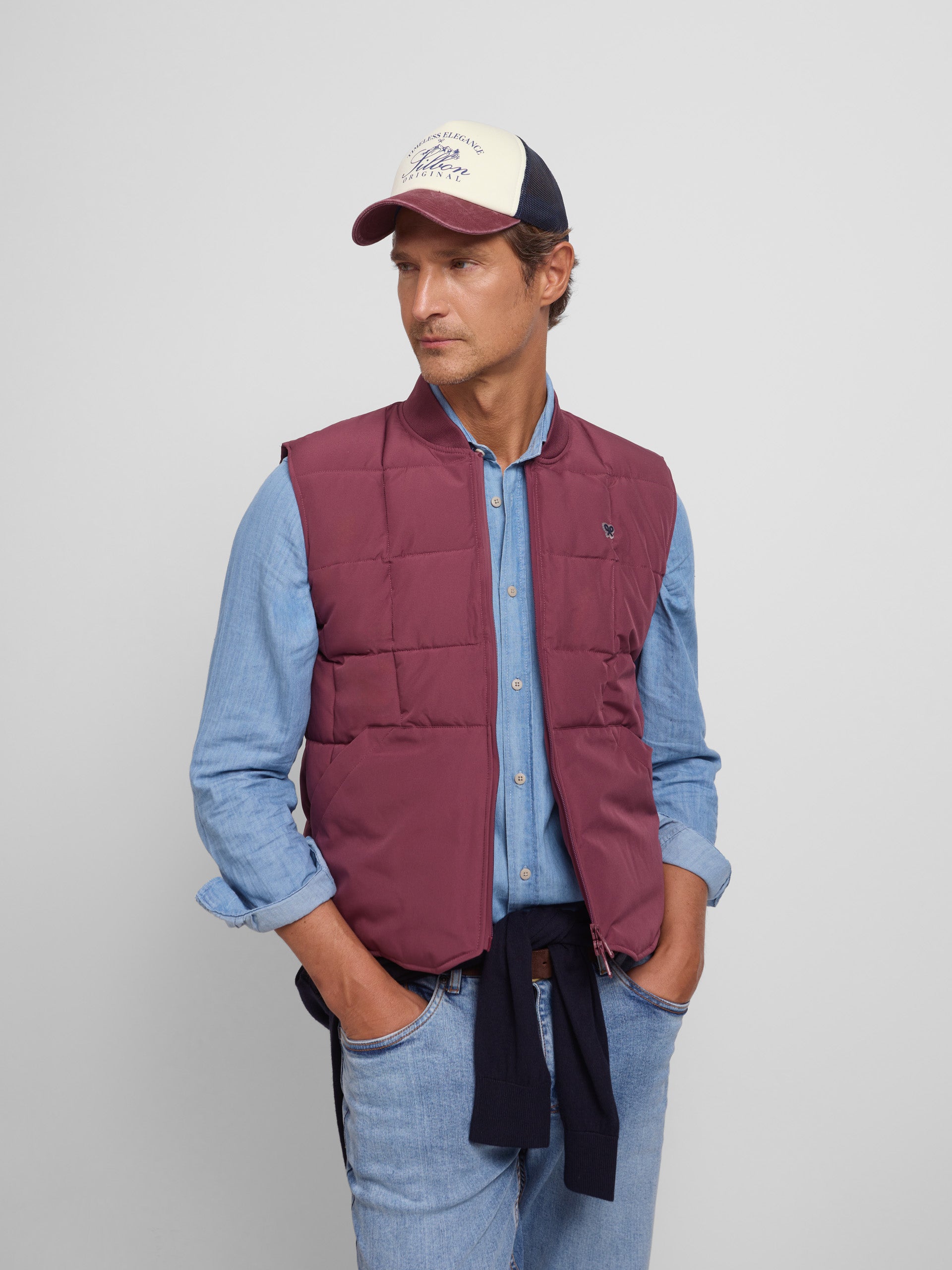 Burgundy checked technical vest
