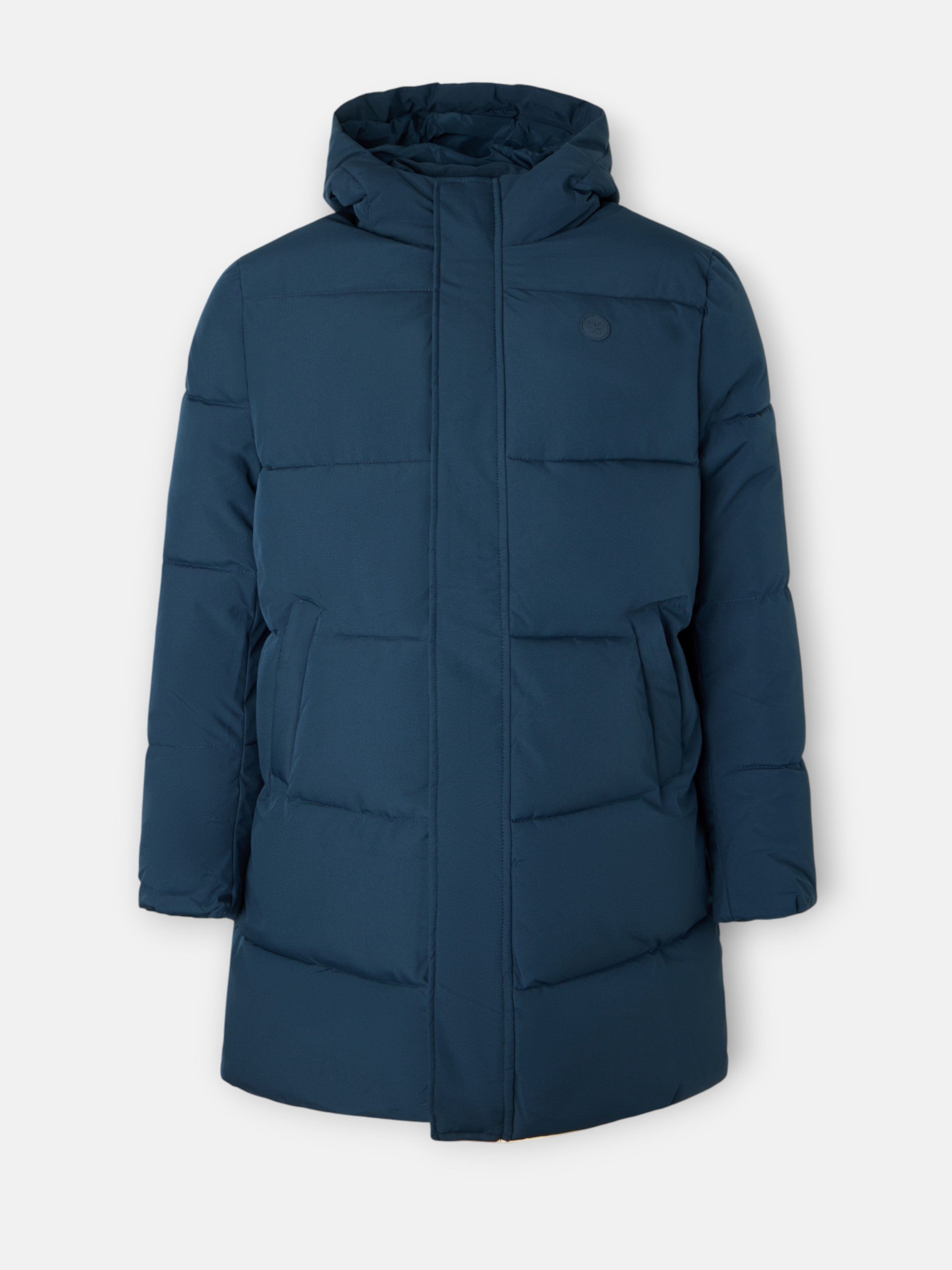 Manteau long matelassé à capuche bleu marine