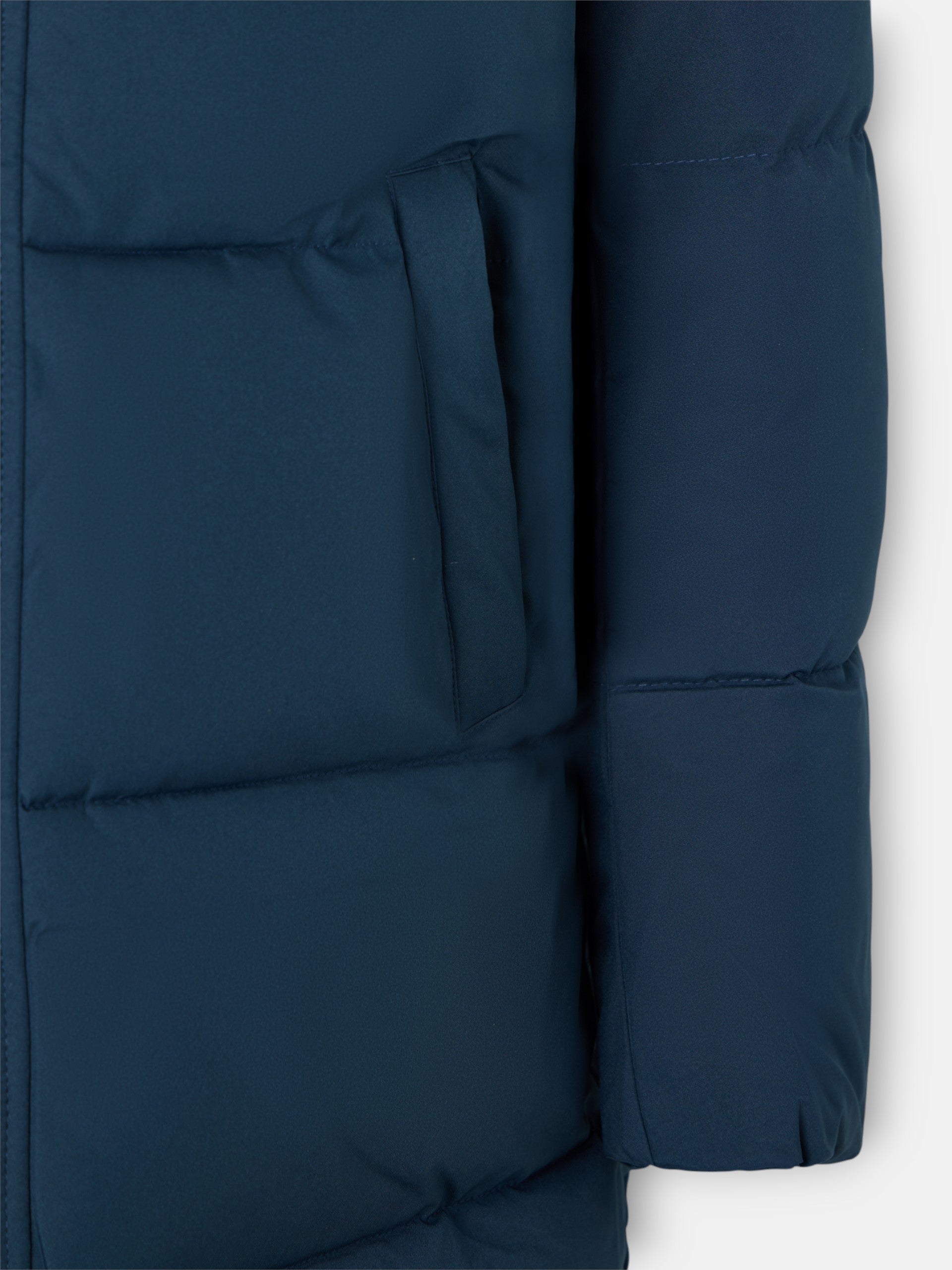 Manteau long matelassé à capuche bleu marine