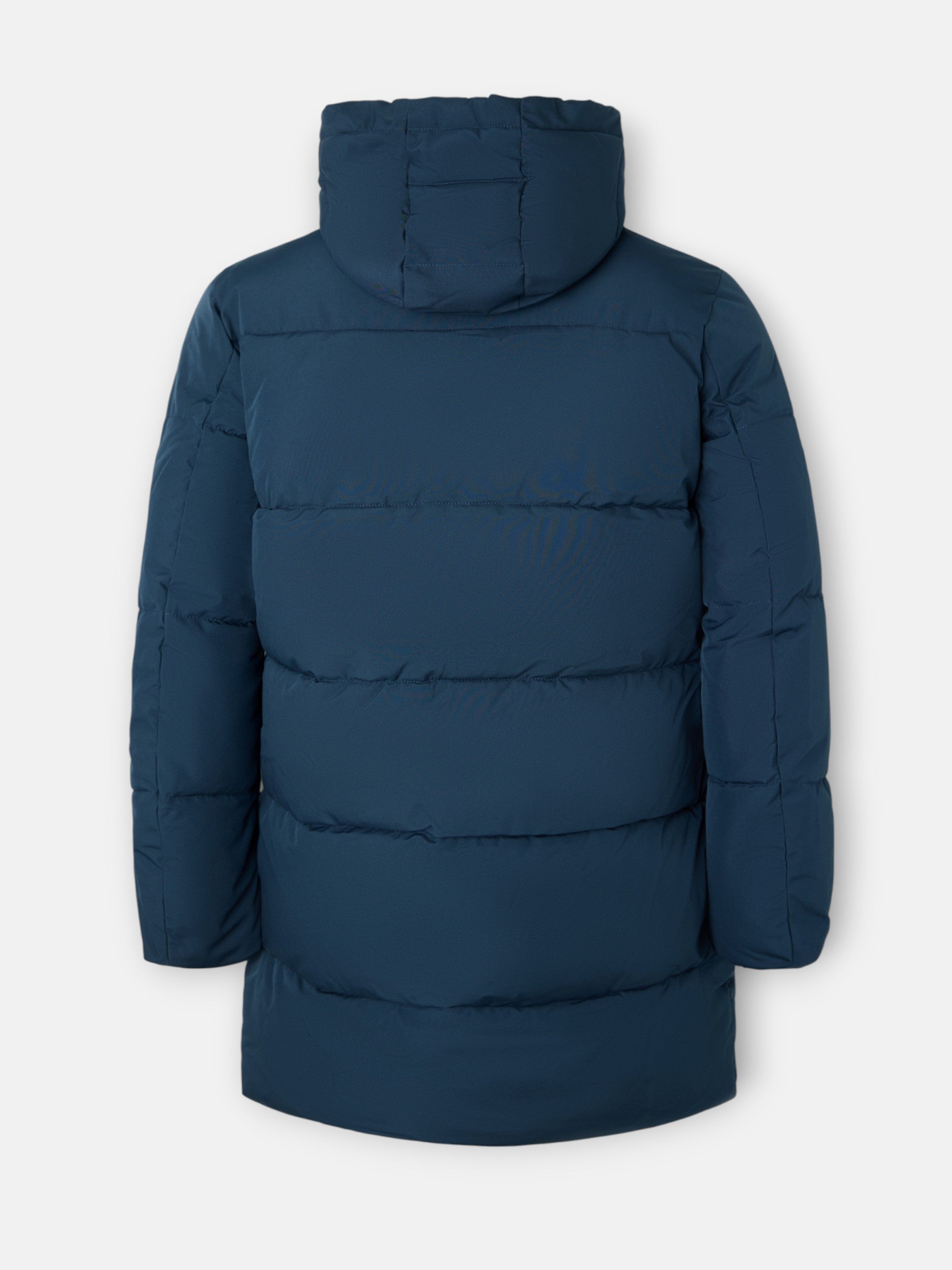 Manteau long matelassé à capuche bleu marine
