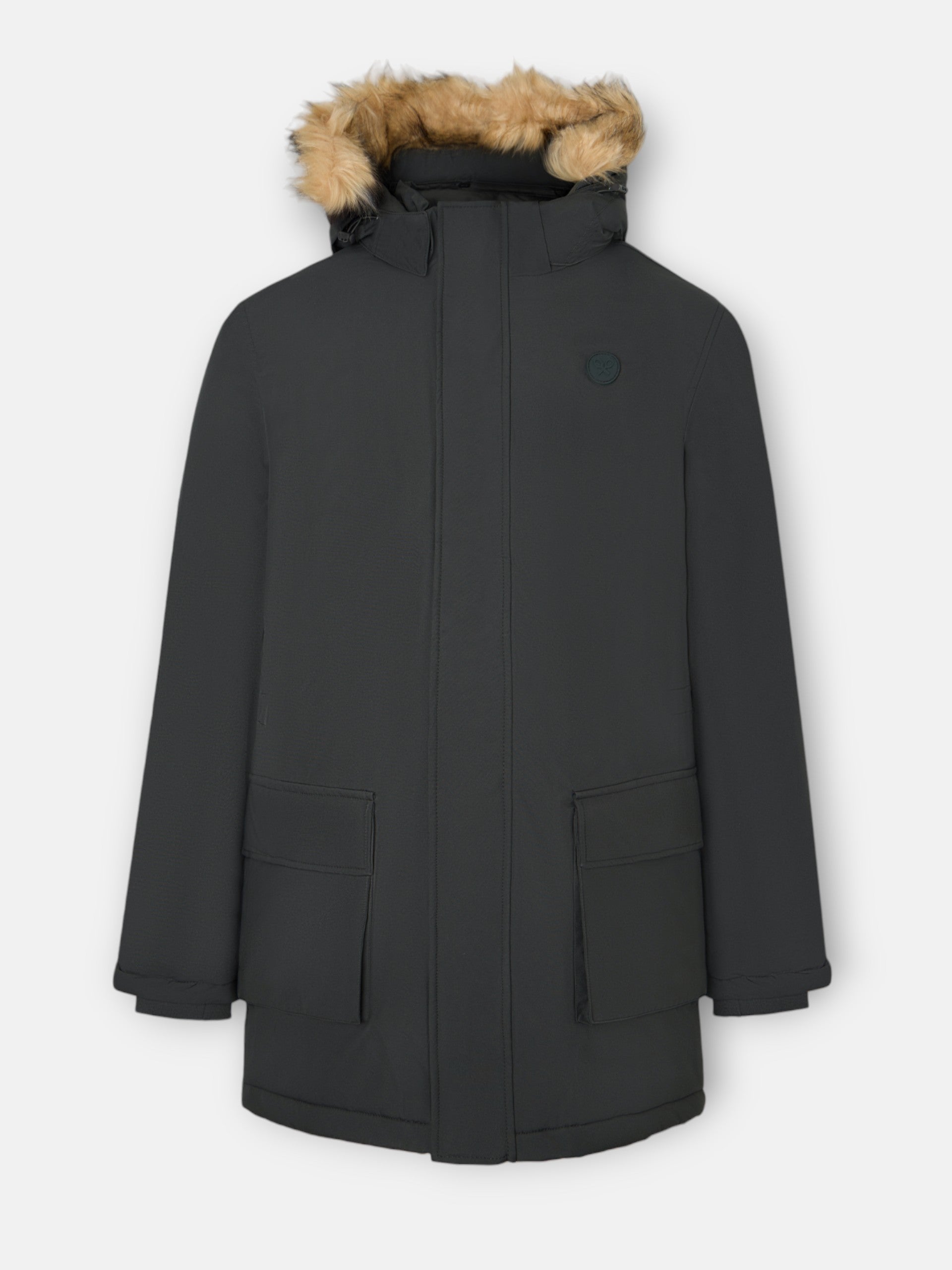 Long technical coat with green hood