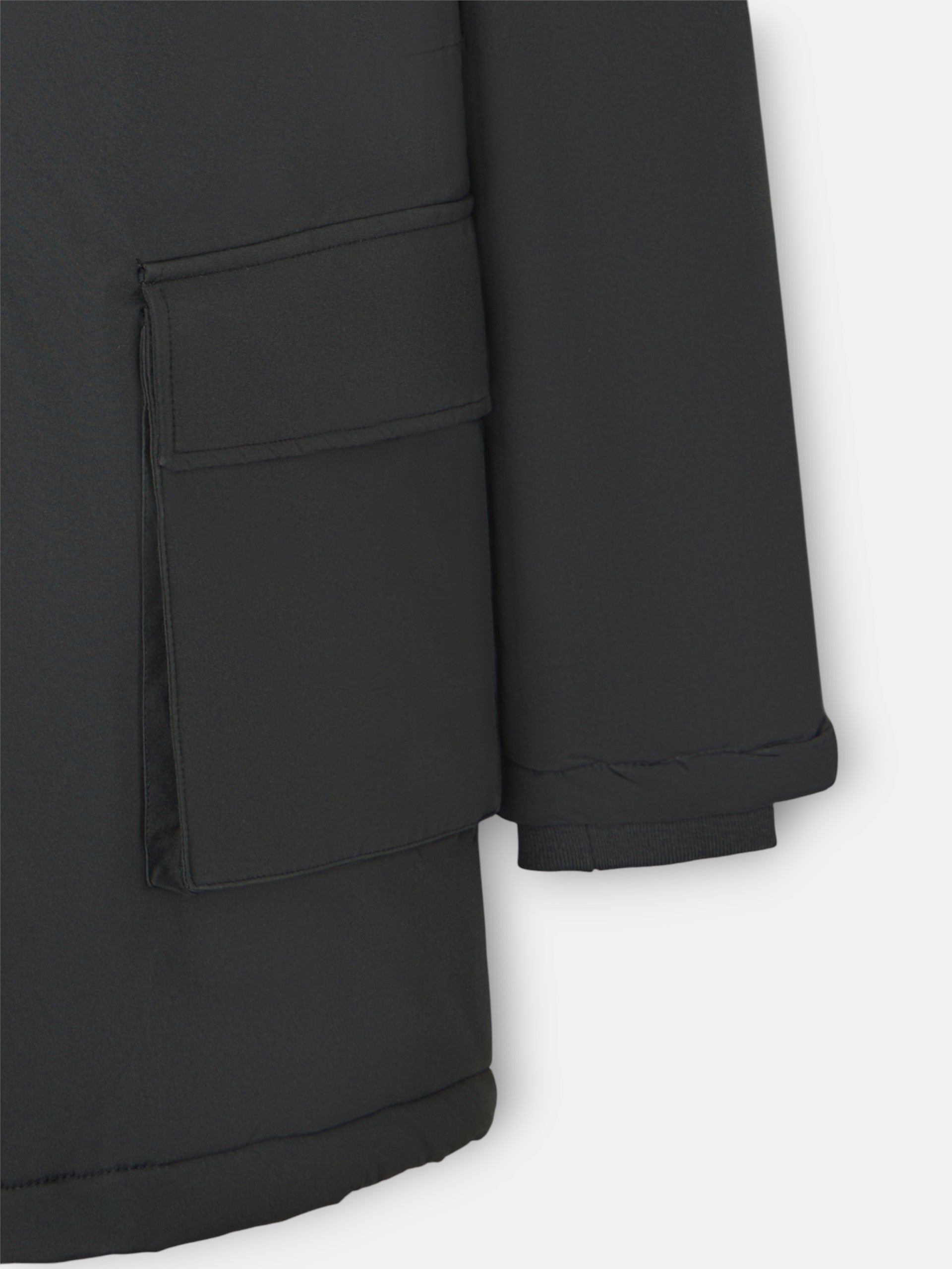 Long technical coat with green hood