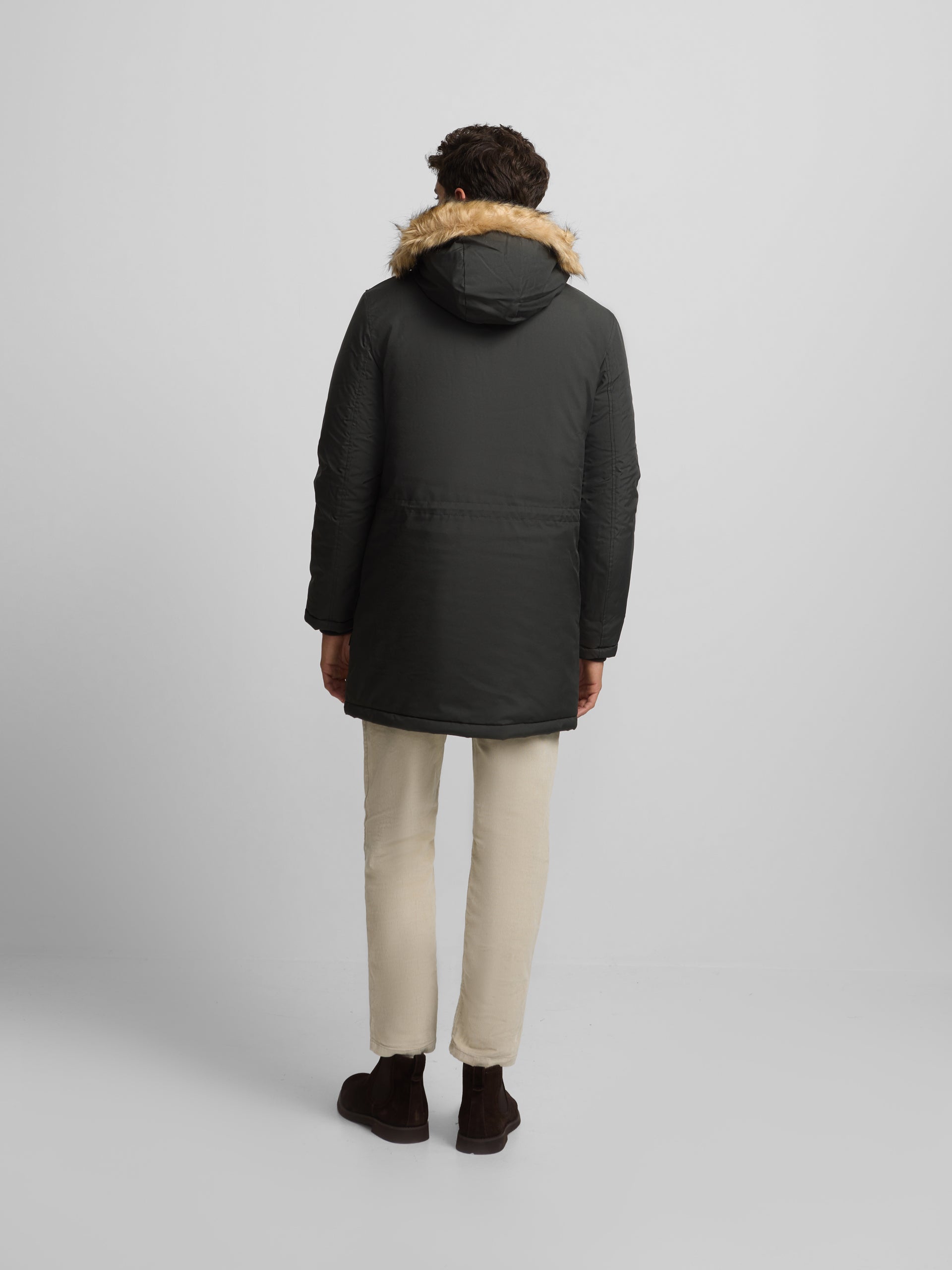 Long technical coat with green hood