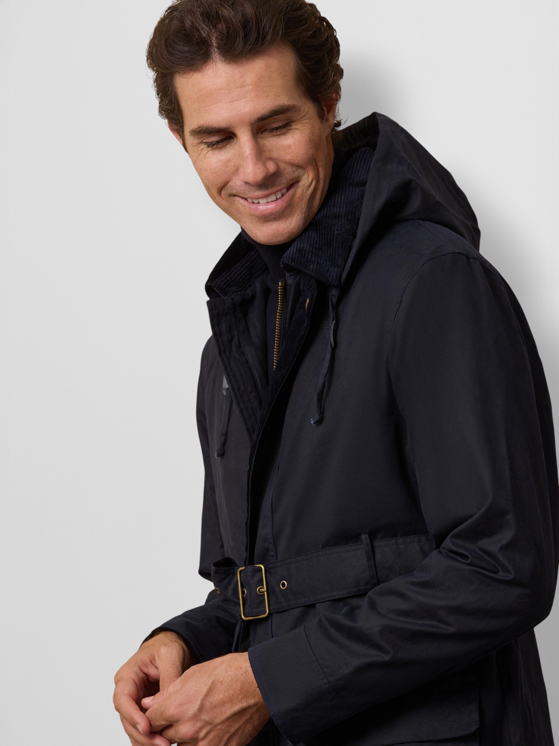 Long navy blue waxed coat