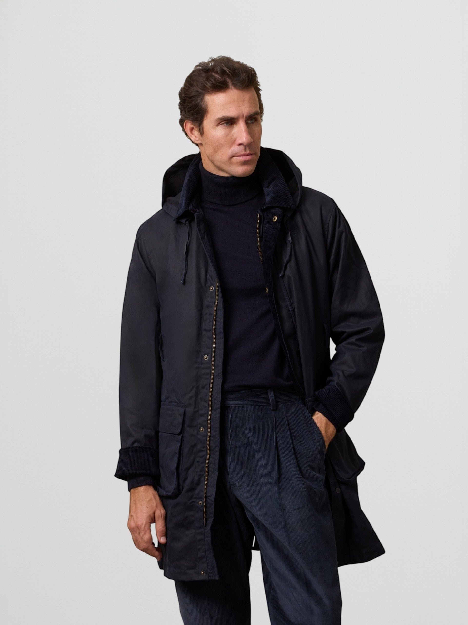 Long navy blue waxed coat