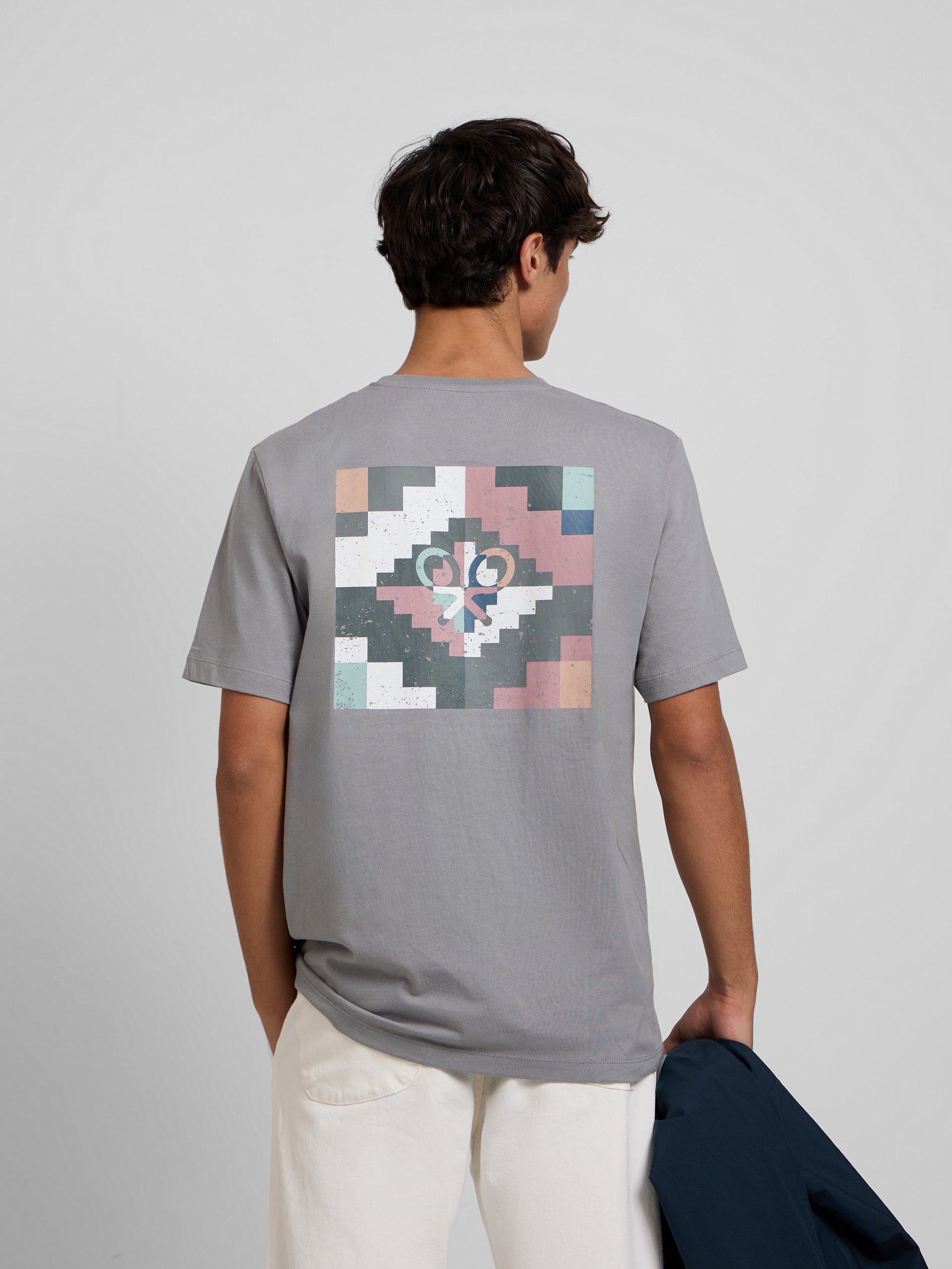 T-shirt pixel étnico azul cinzento