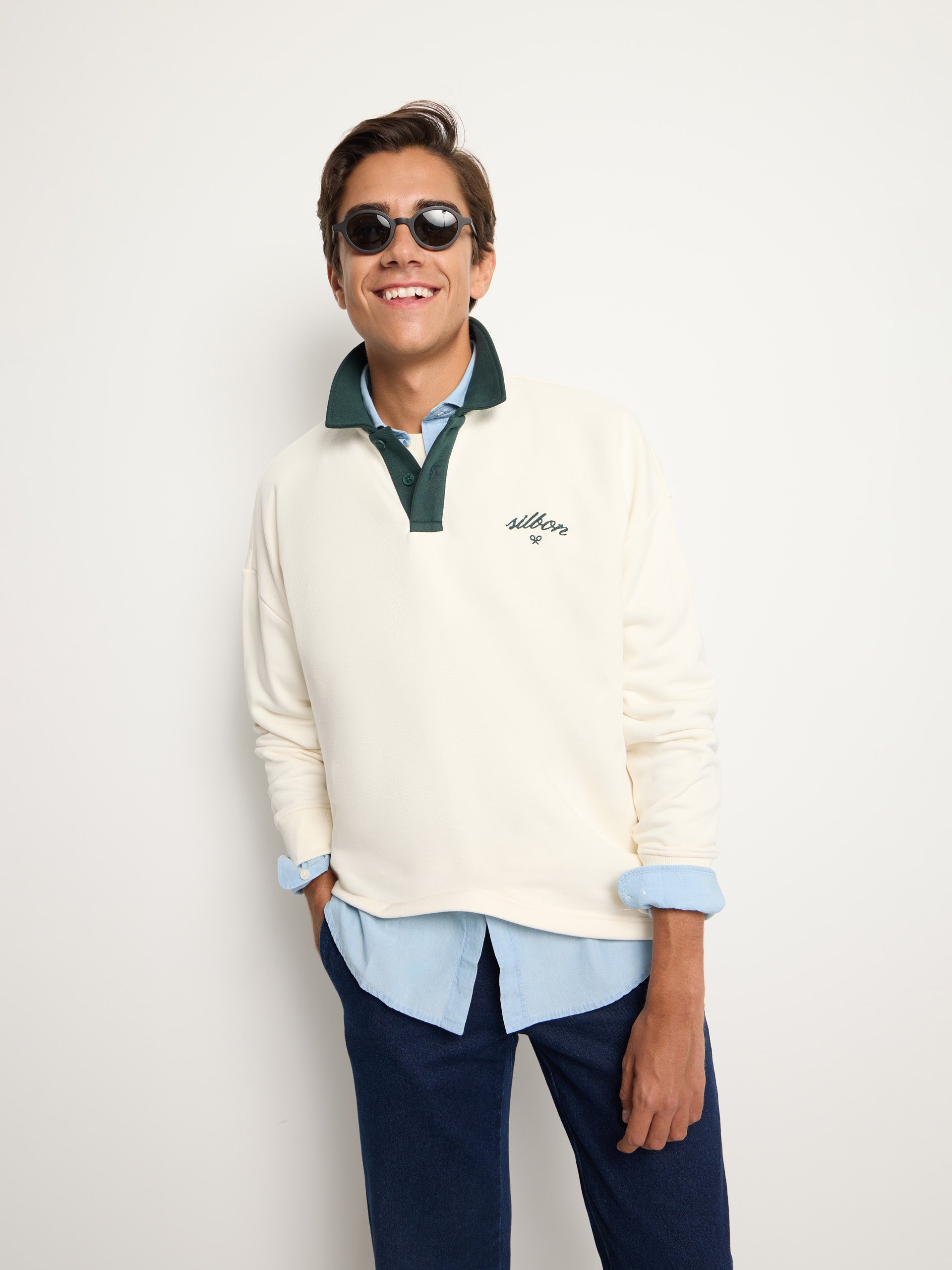 Silbon polo neck sweatshirt with contrasting cream