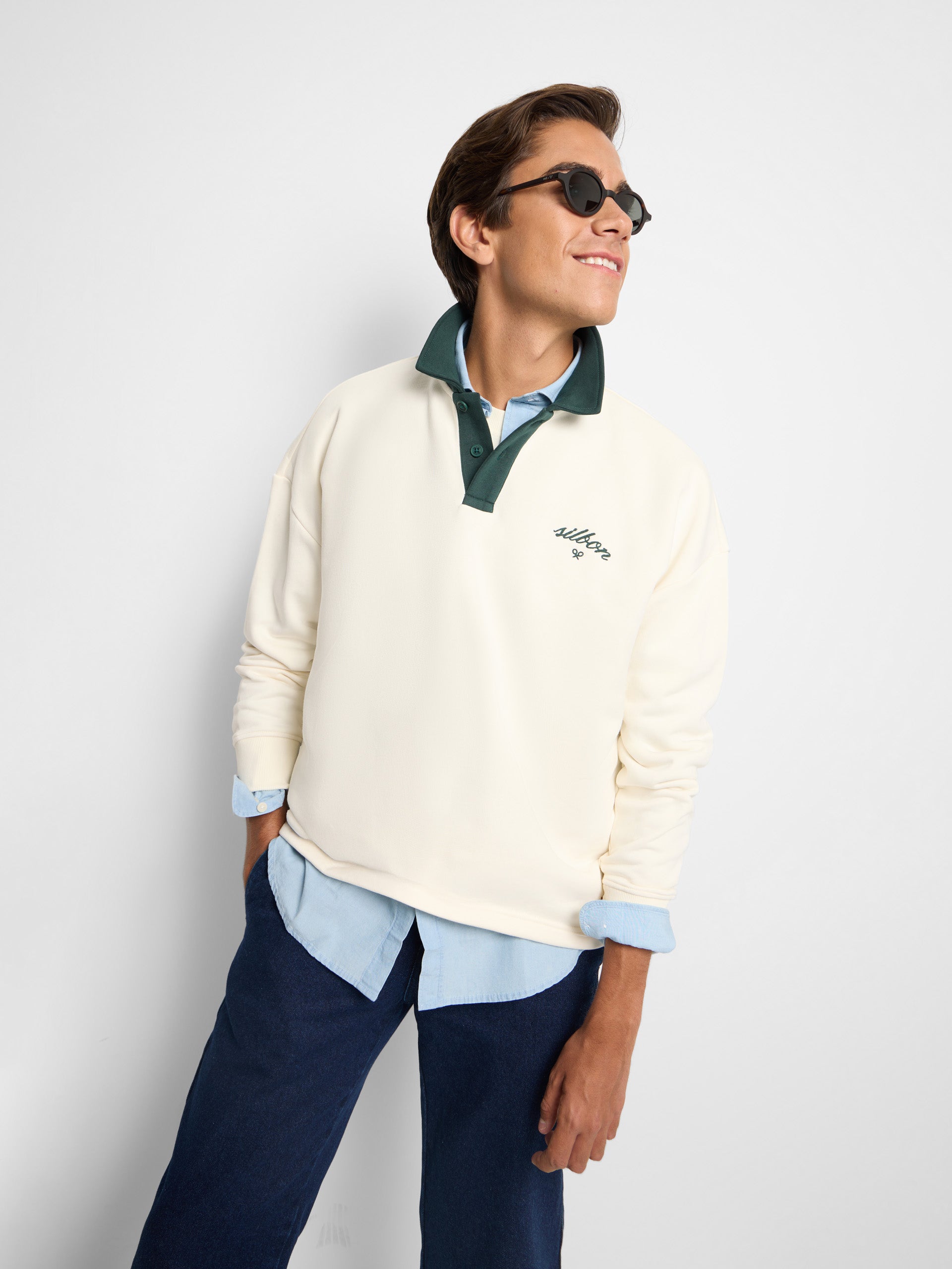 Silbon polo neck sweatshirt with contrasting cream