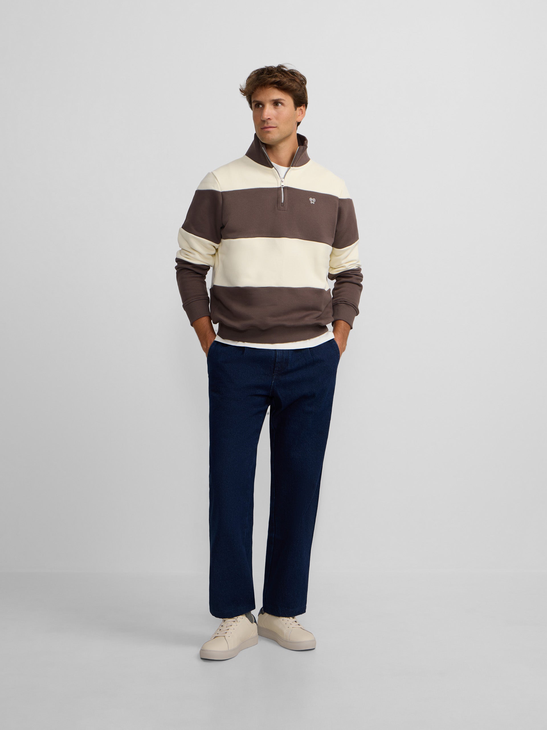 Brown wide stripe half-zip sweatshirt