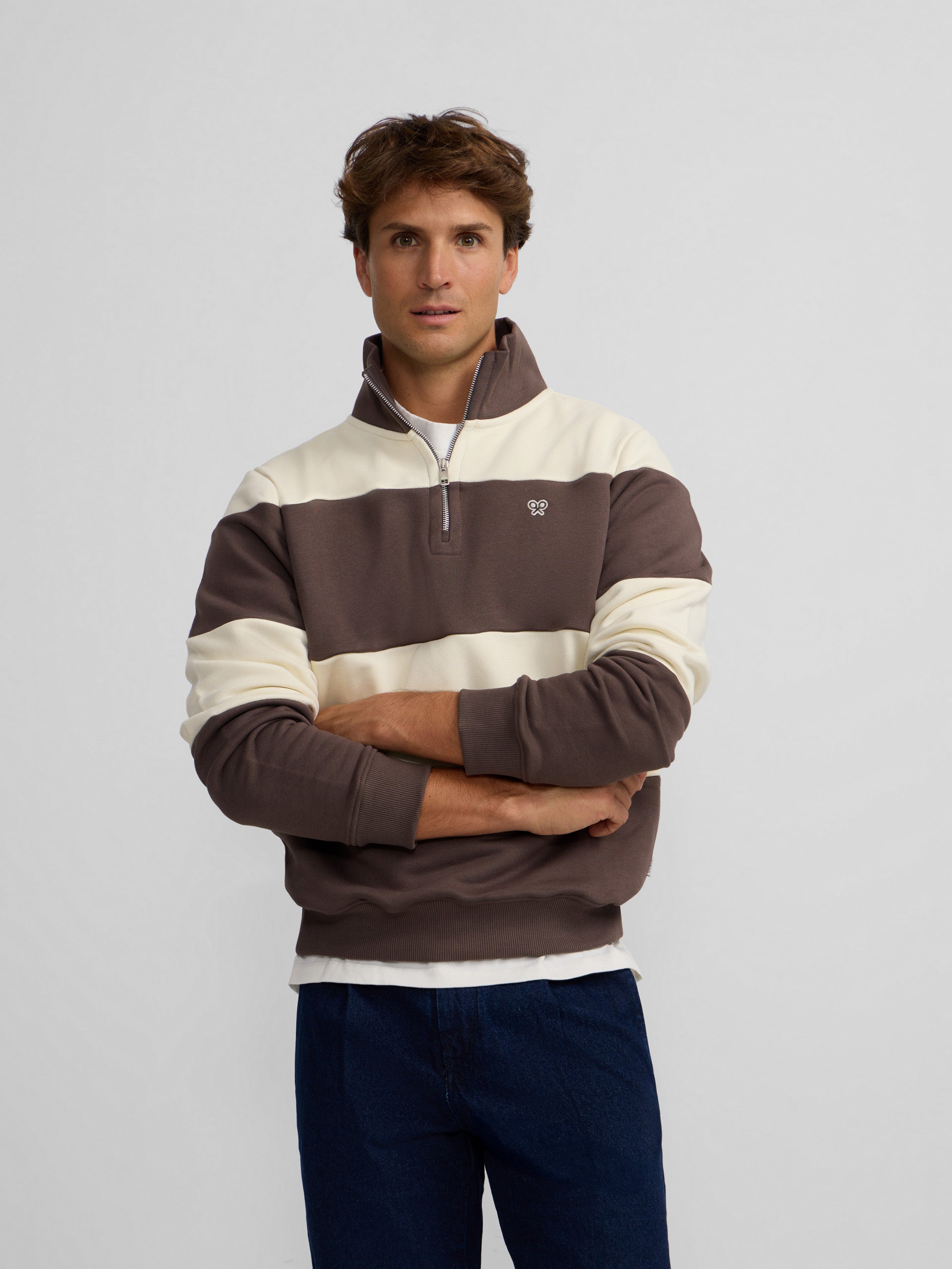 Brown wide stripe half-zip sweatshirt