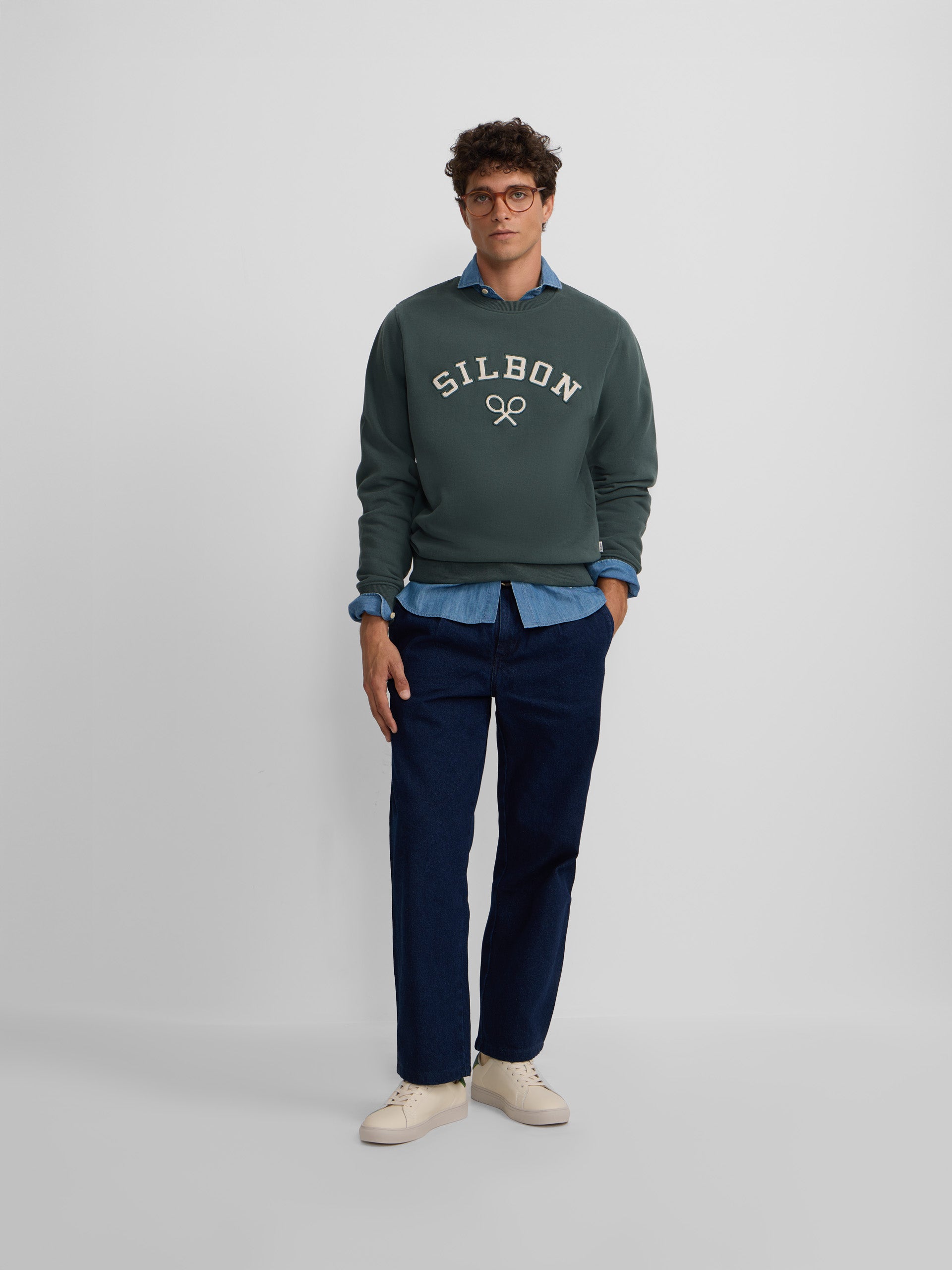 Dark green corduroy medium-length racket sweatshirt