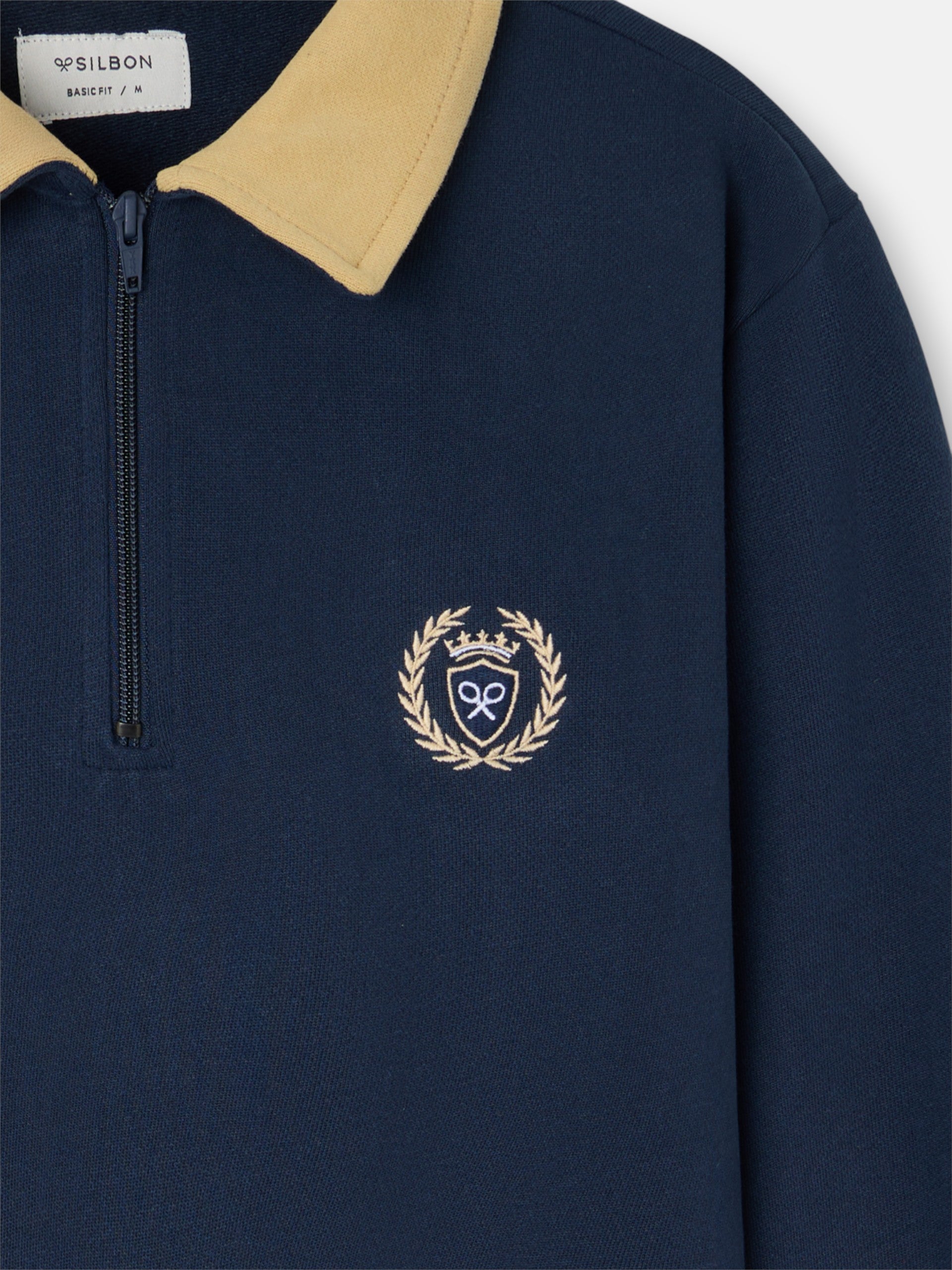 Sweatshirt meia fecho gola contraste azul-marinho