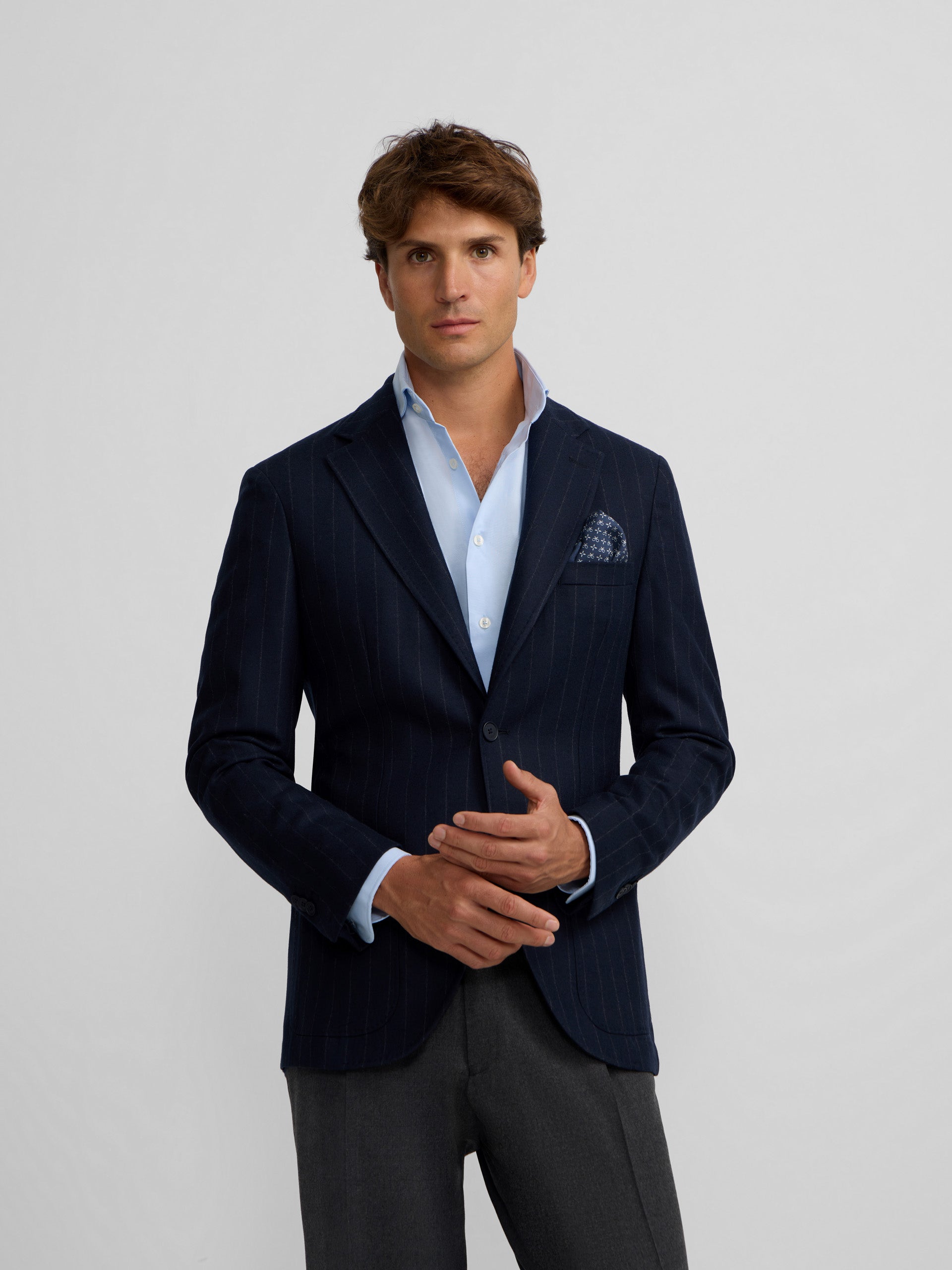 Navy blue pinstripe blazer