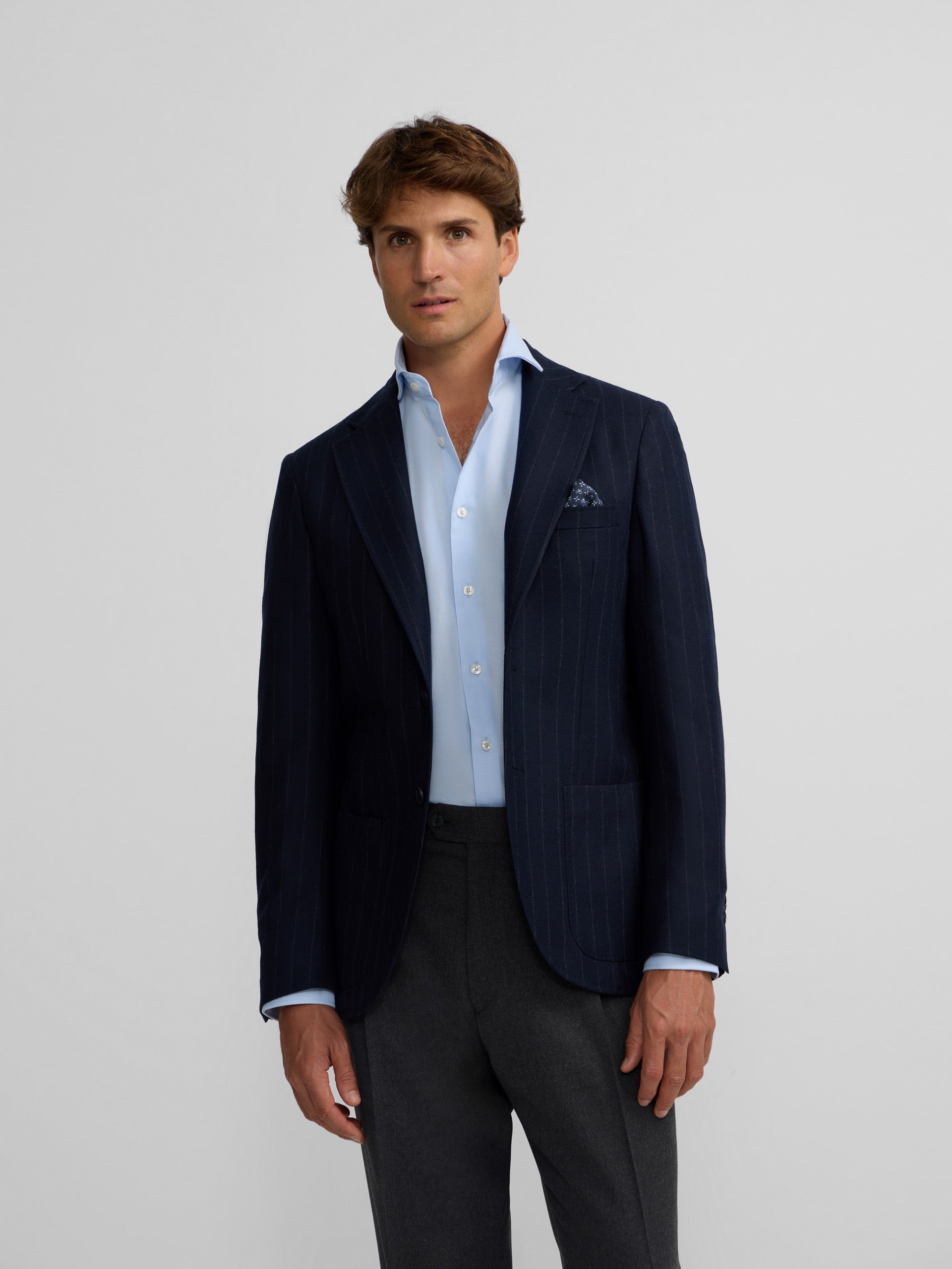 Navy blue pinstripe blazer