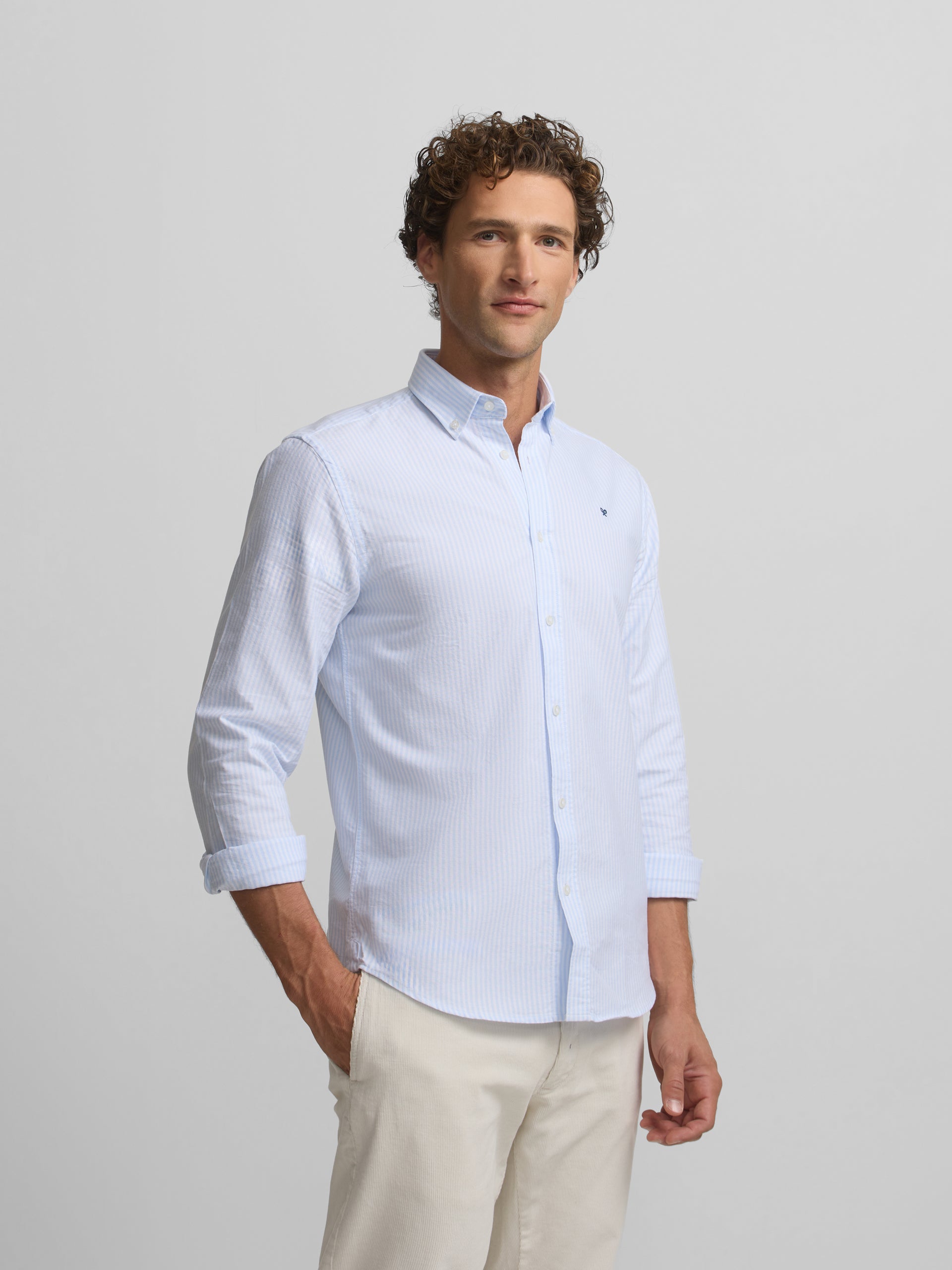 Camisa sport oxford raquete riscas largas azul-claro