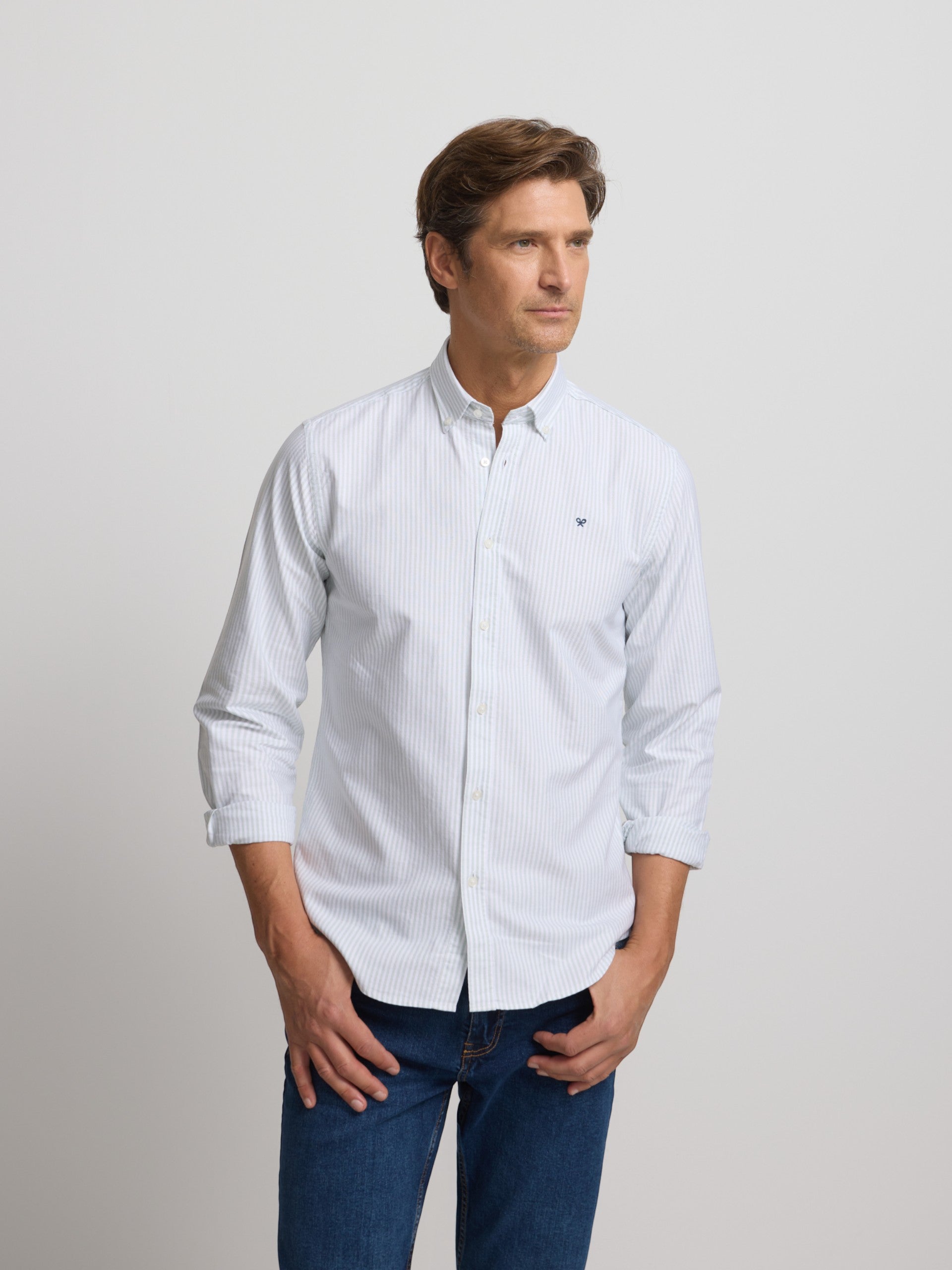 Camisa sport oxford raquete riscas largas verde