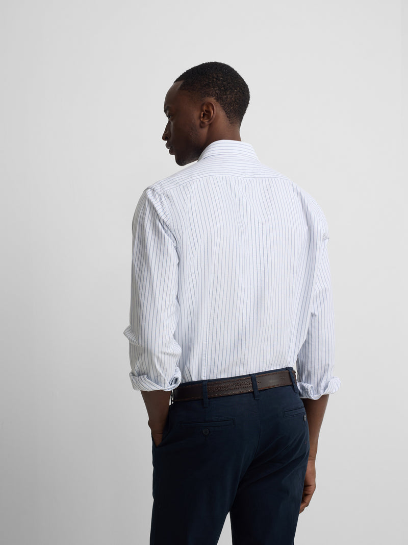 White Oxford sport shirt with fine navy stripe