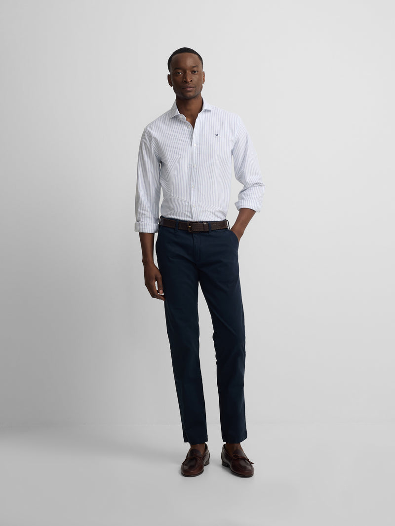 White Oxford sport shirt with fine navy stripe