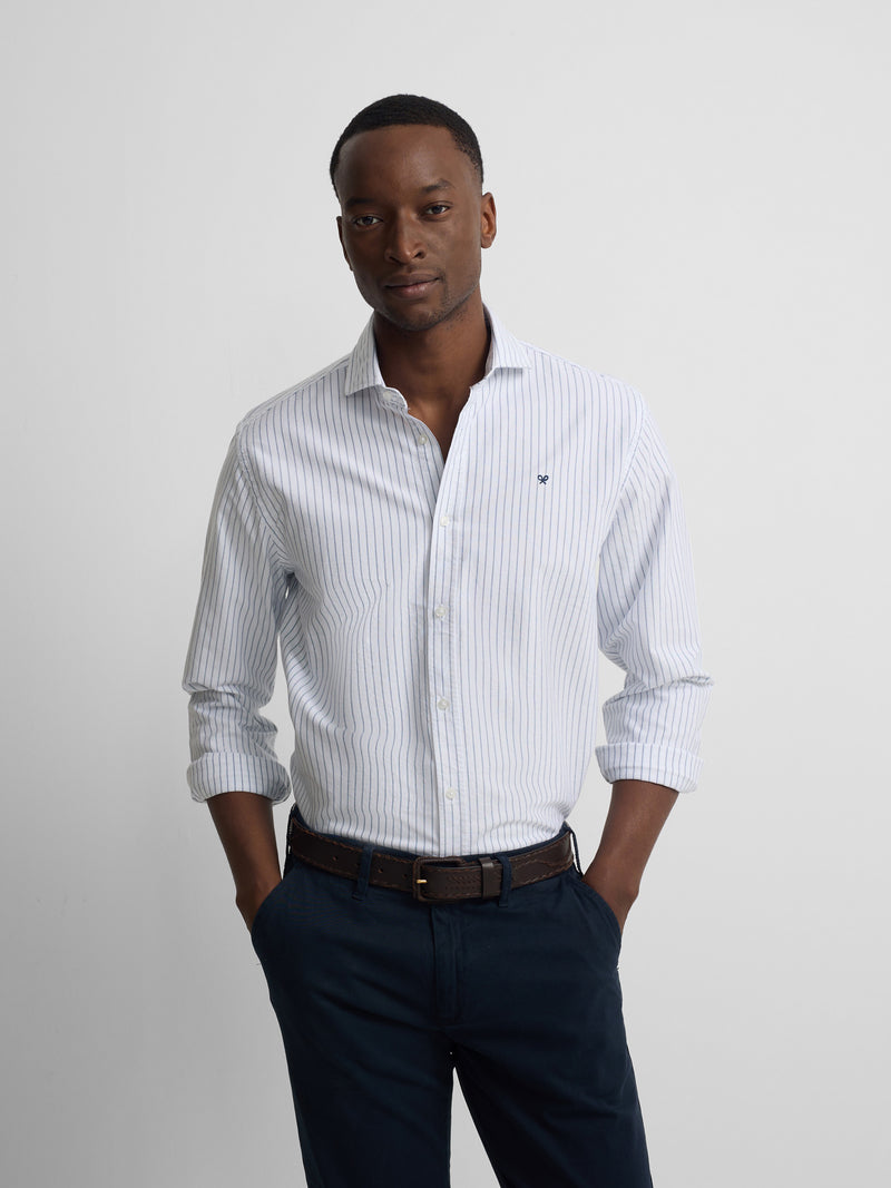 White Oxford sport shirt with fine navy stripe