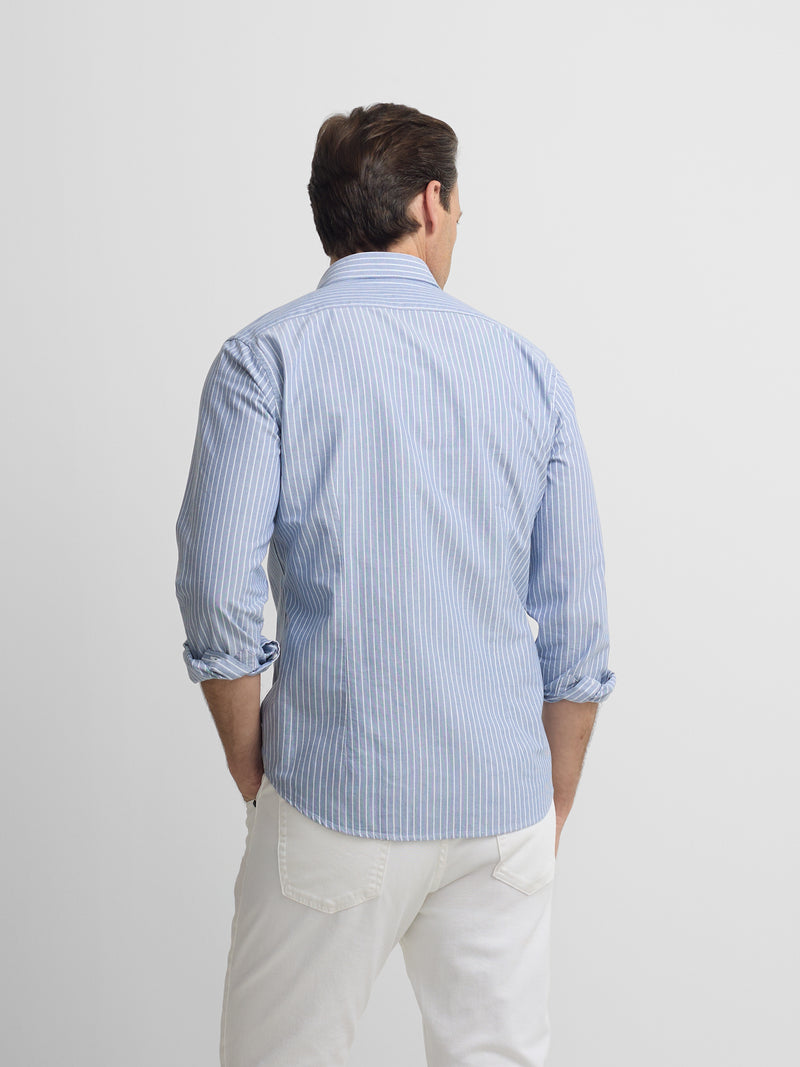 Chemise sport oxford bleu marine à fines rayures blanches