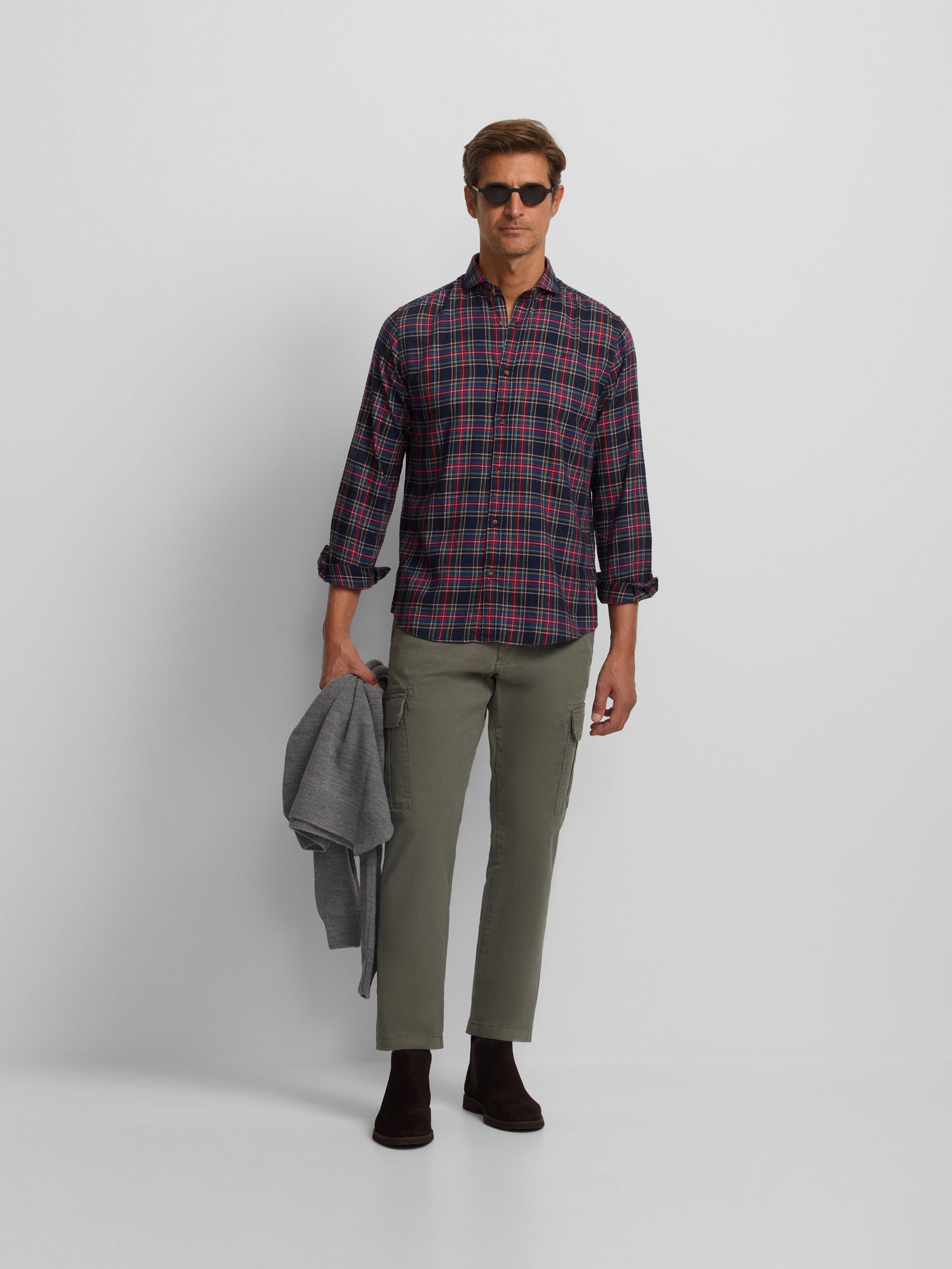Two-tone tartan plaid sport shirt, blue and burgundy
