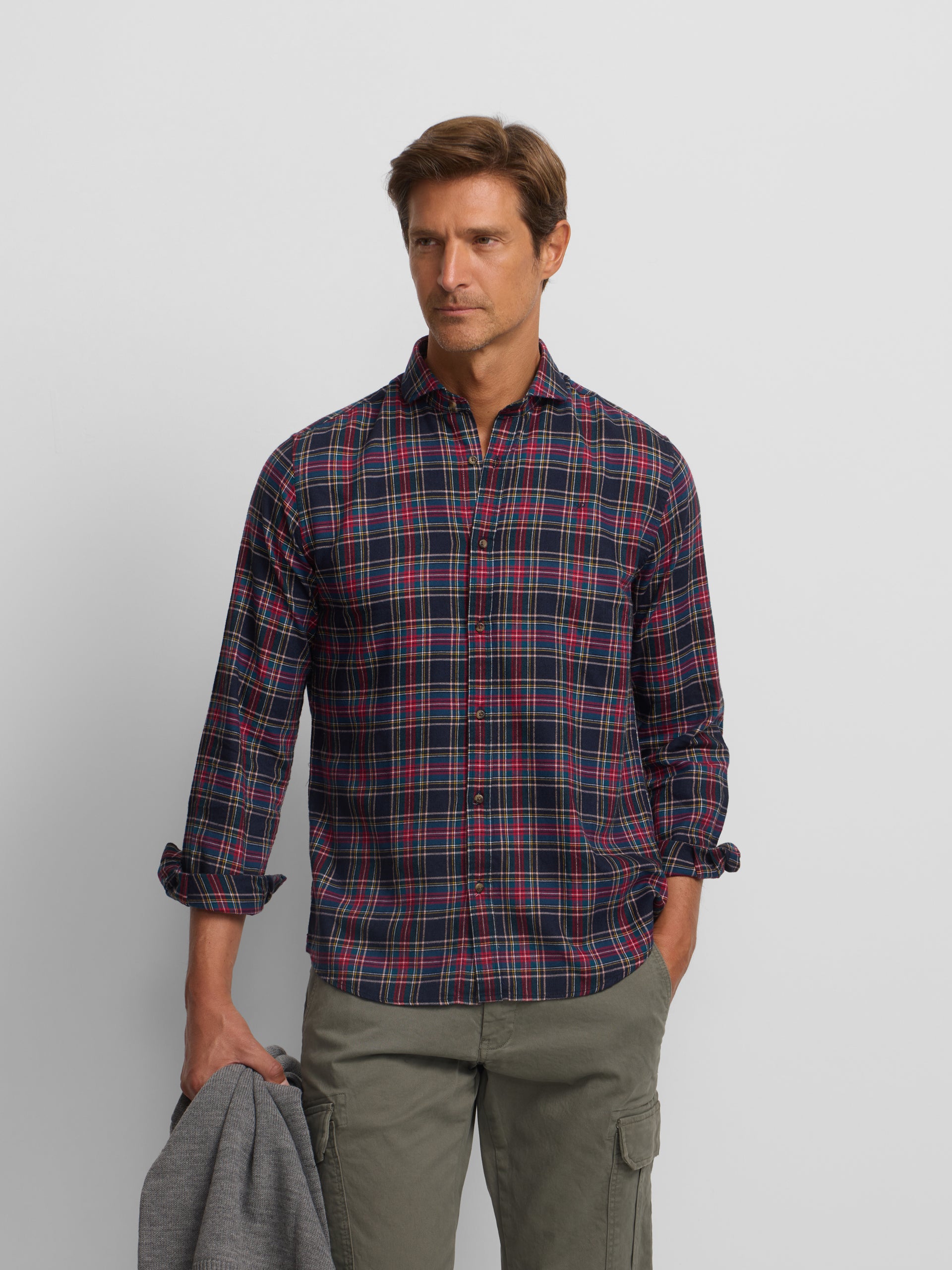 Two-tone tartan plaid sport shirt, blue and burgundy