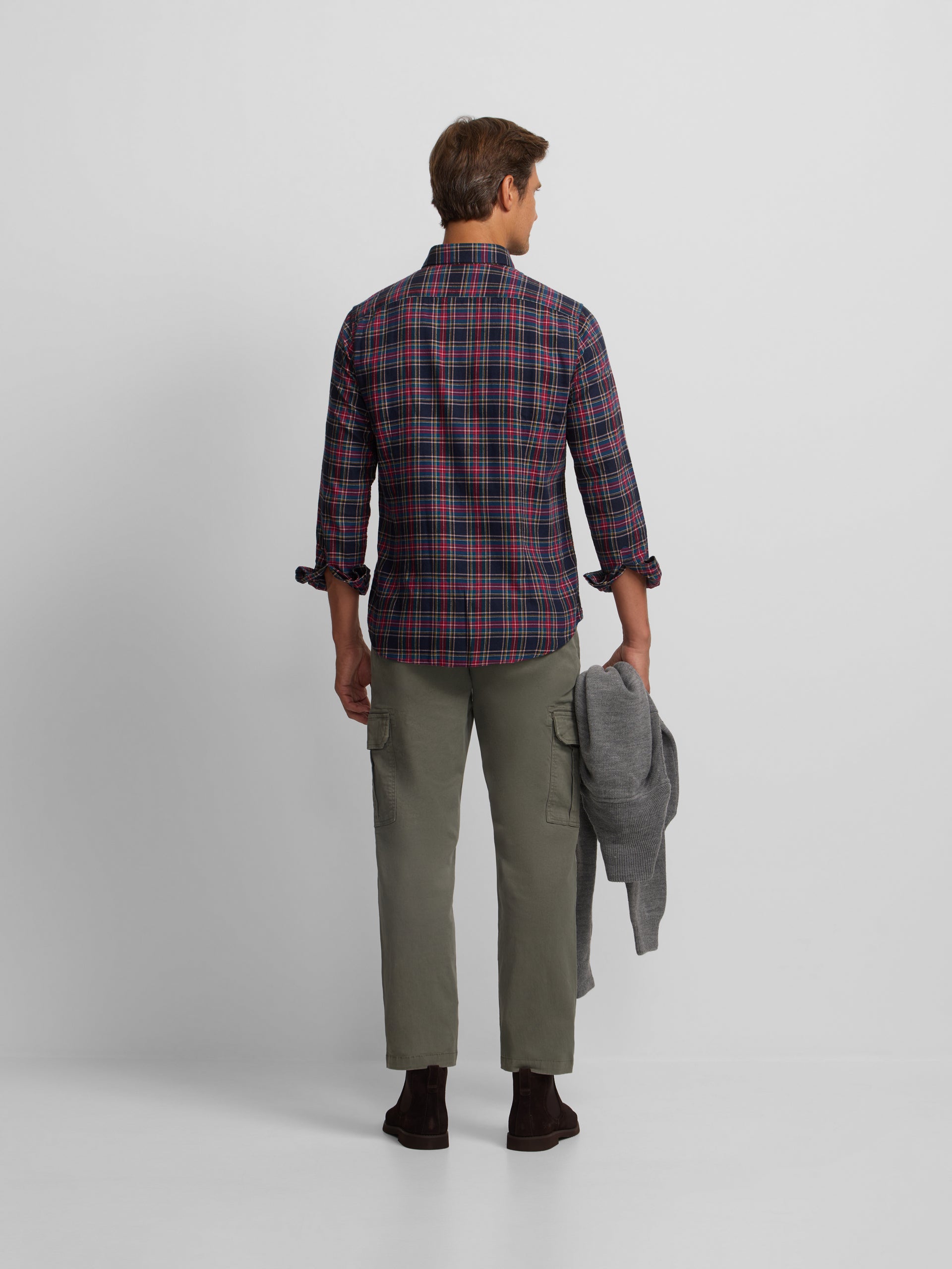 Two-tone tartan plaid sport shirt, blue and burgundy