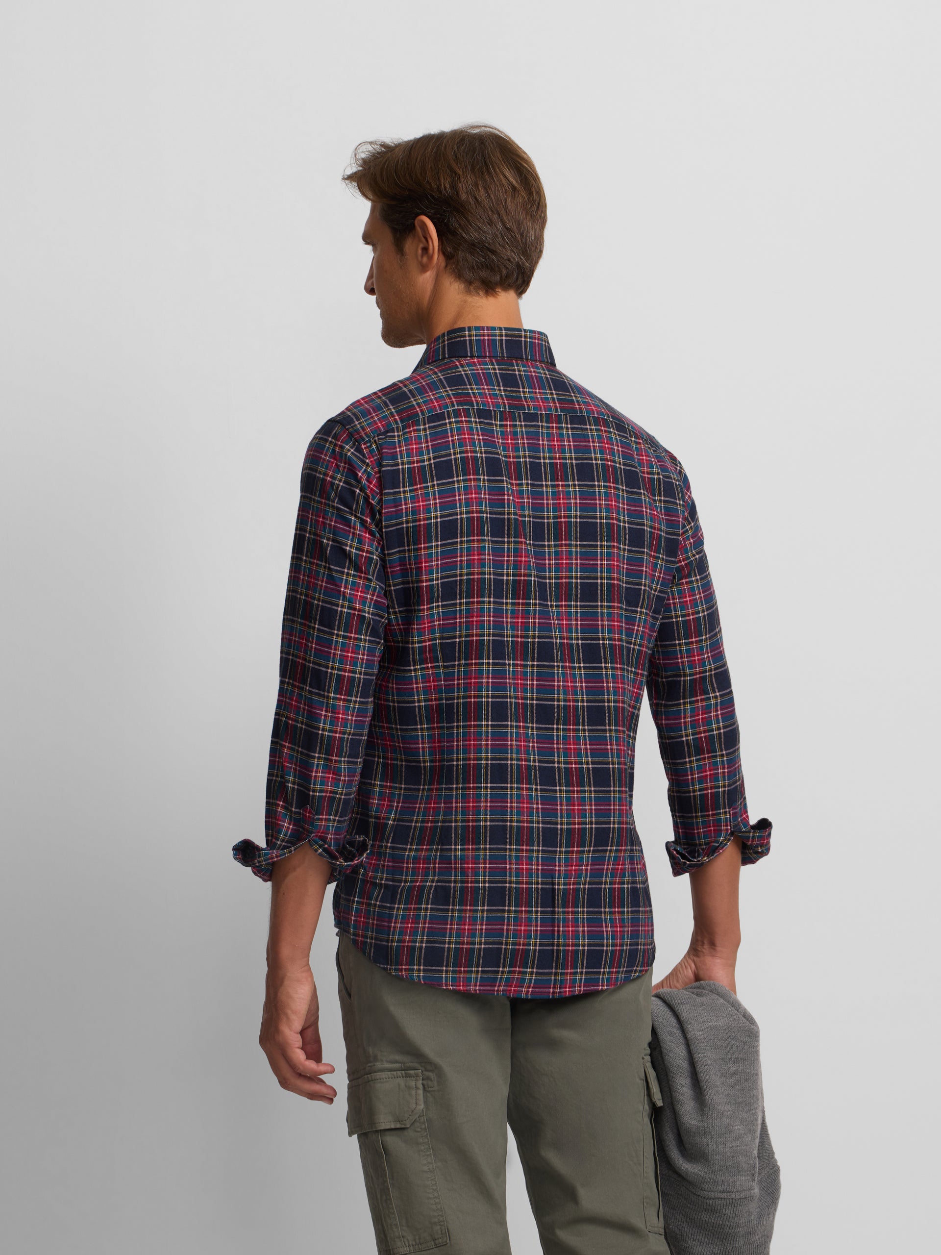 Two-tone tartan plaid sport shirt, blue and burgundy