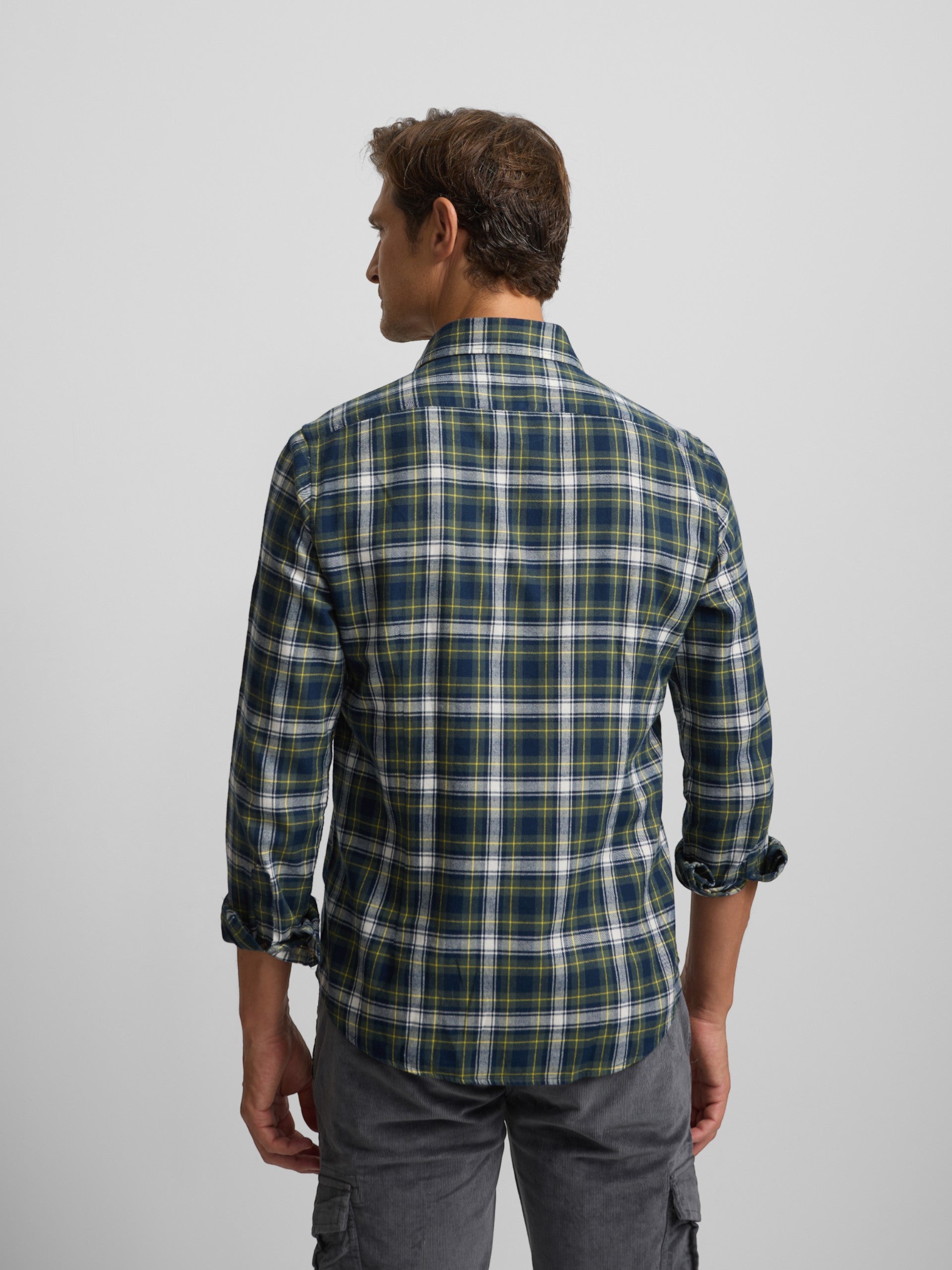 Blue and green two-tone tartan plaid sport shirt
