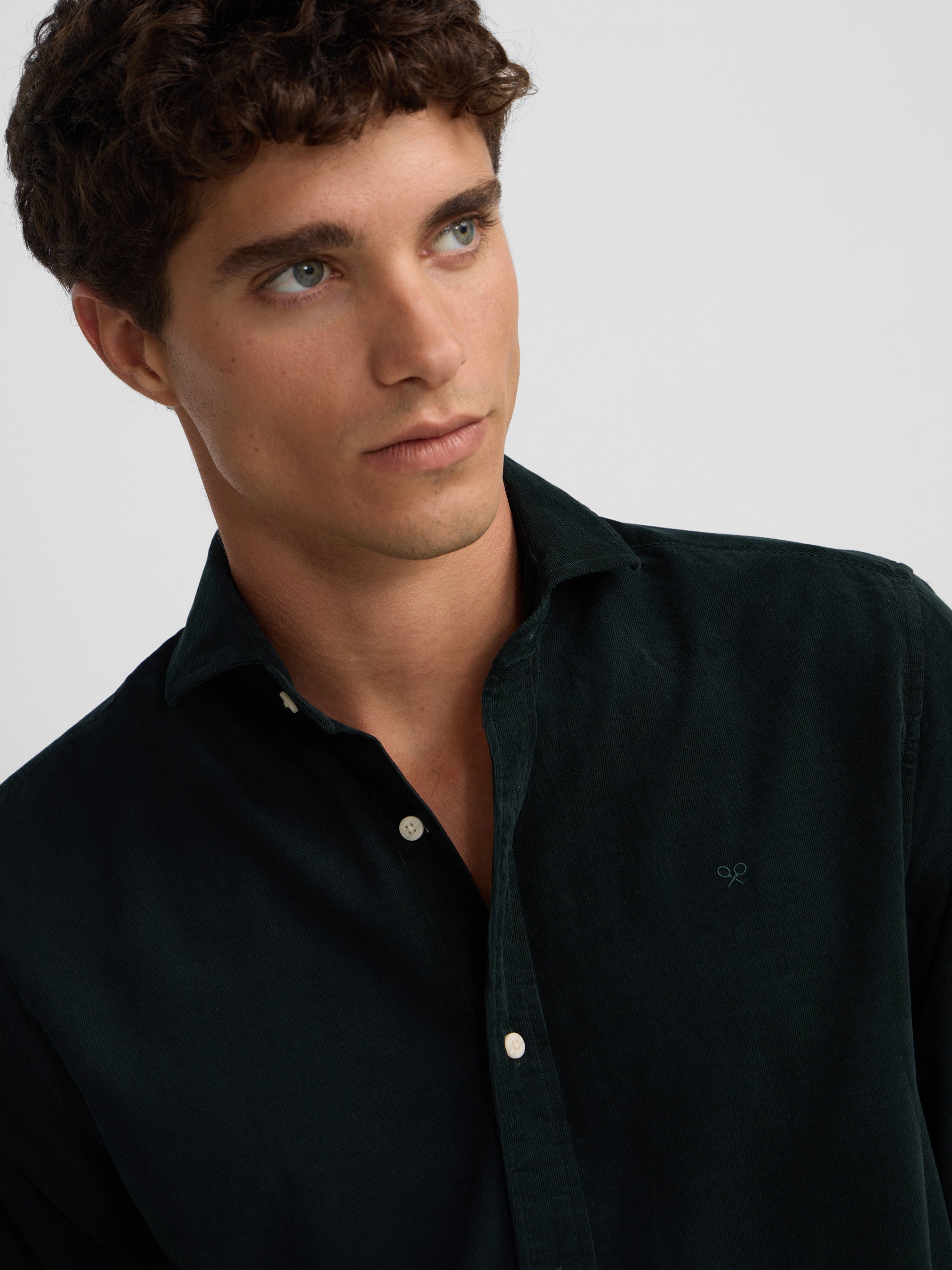 Dark green corduroy cutaway collar sport shirt