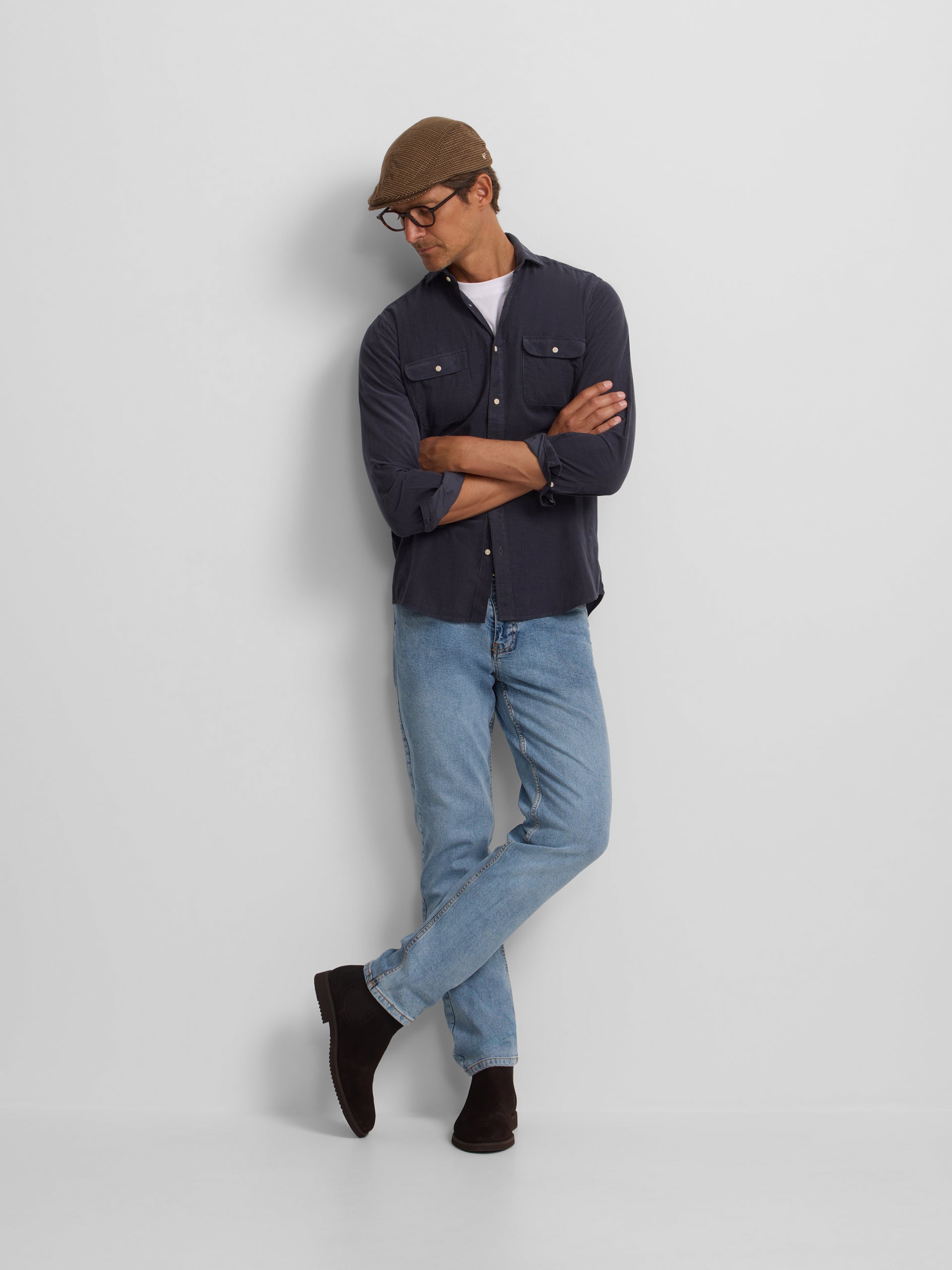 Indigo blue corduroy sport shirt with pockets