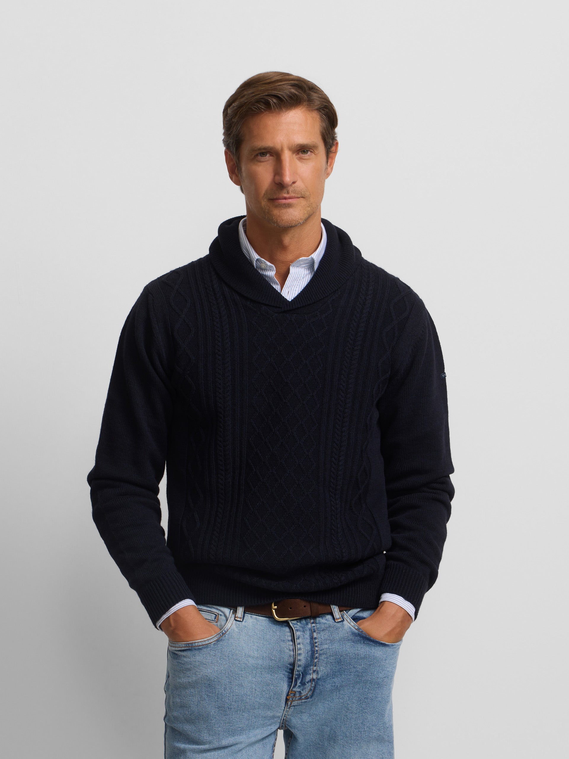 Navy blue shawl collar sweater