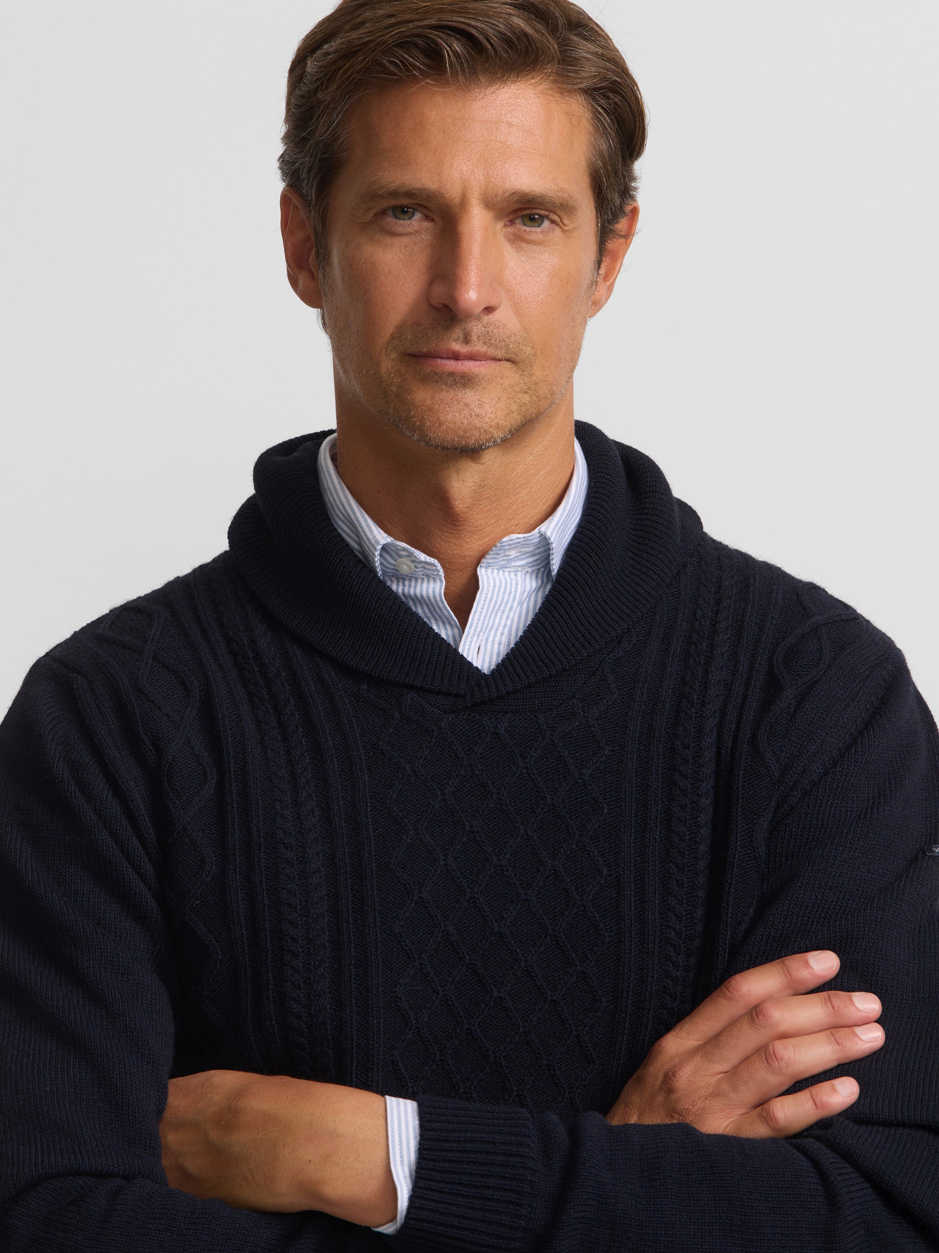 Navy blue shawl collar sweater