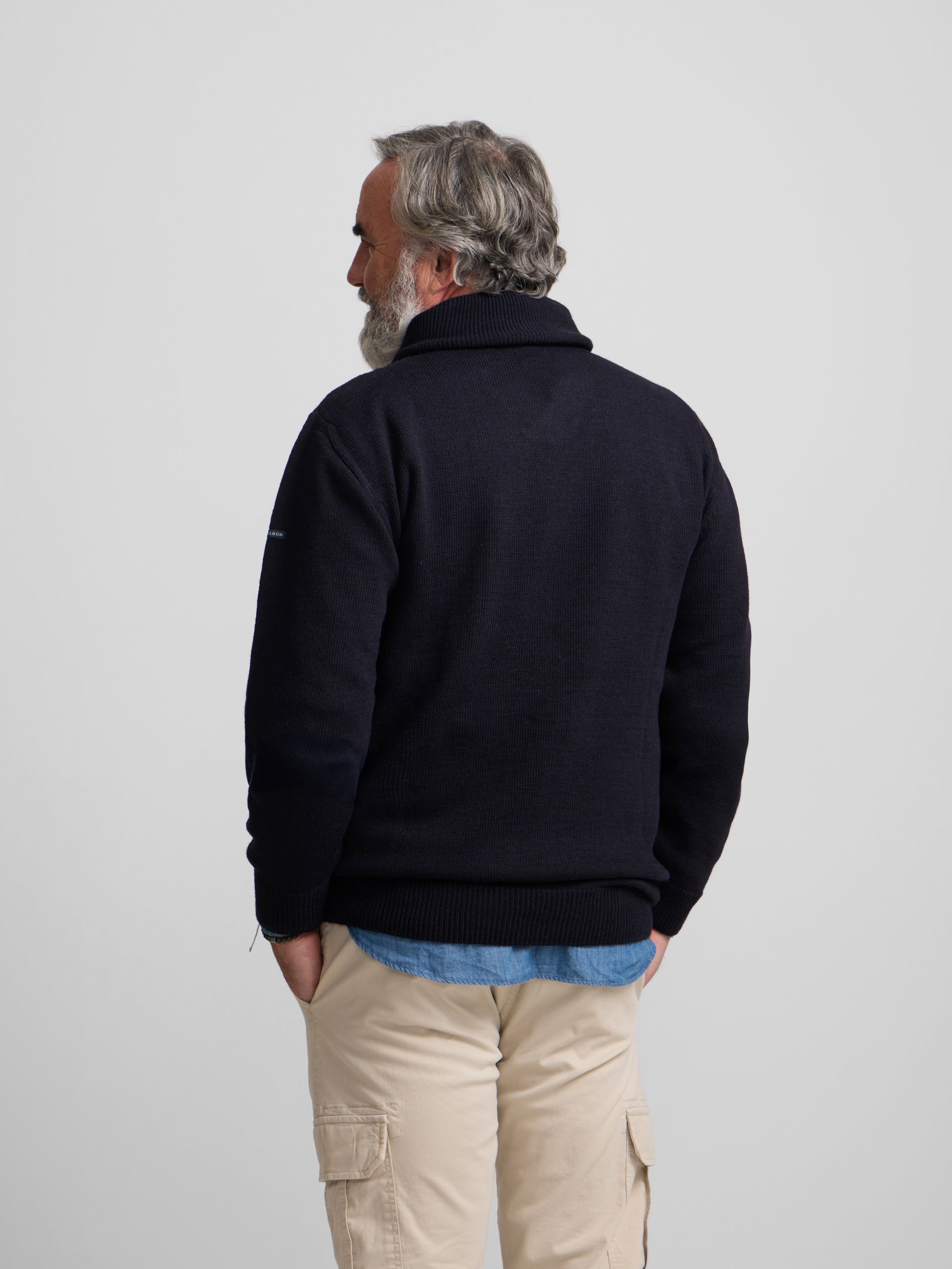 Navy blue shawl collar sweater