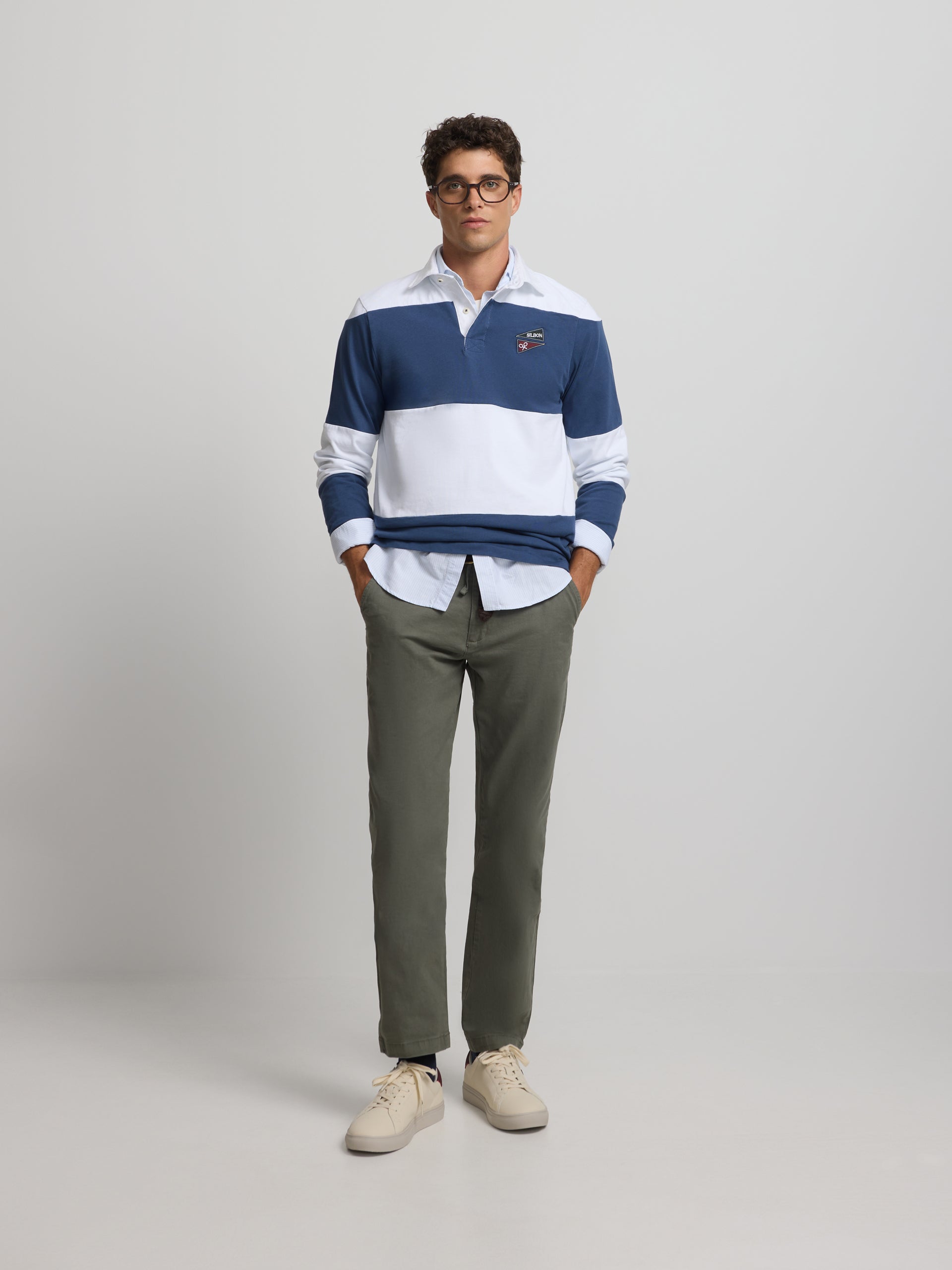 Polo clássico de rugby às riscas azuis