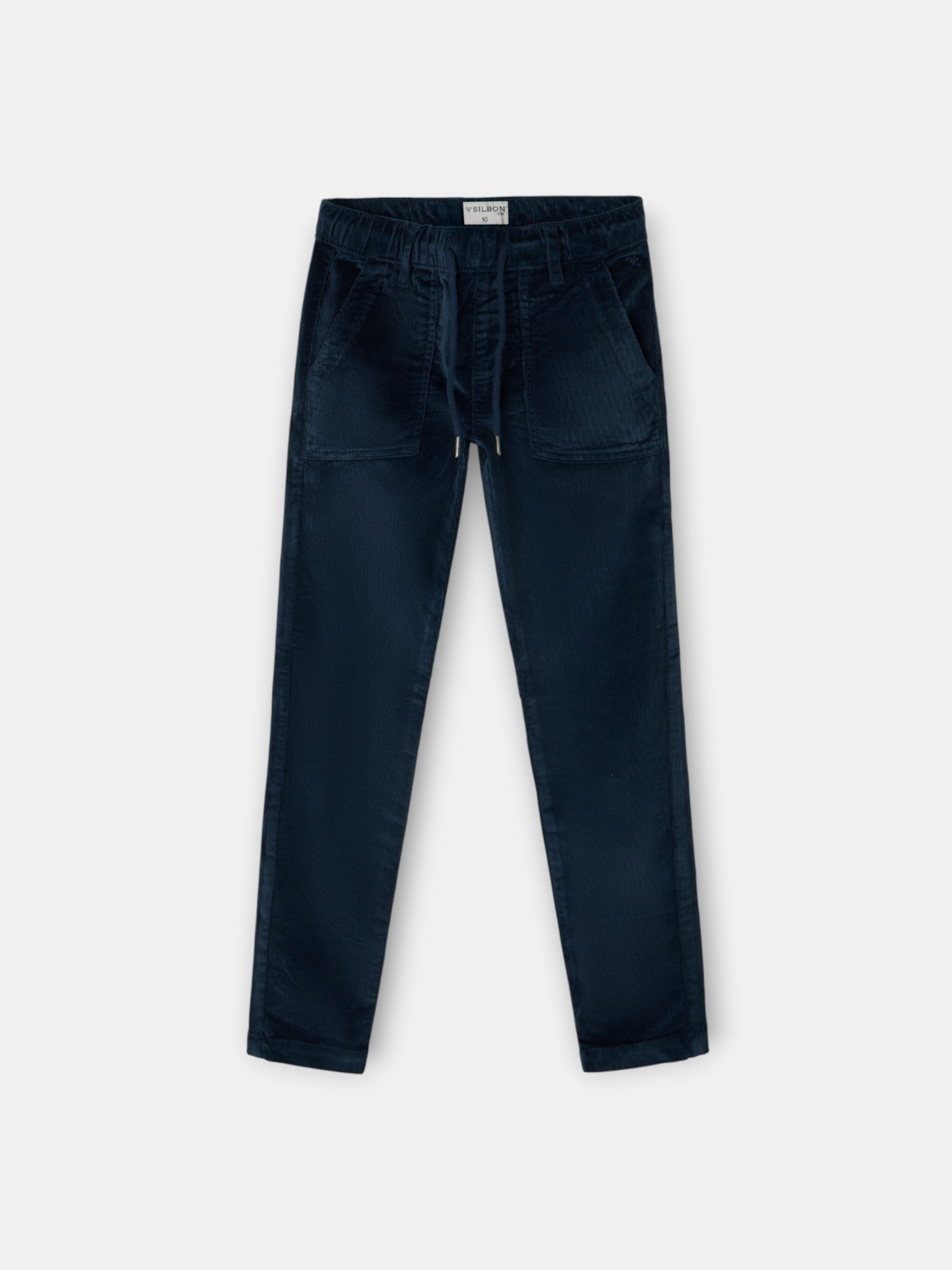 Kids' sport trousers with pockets, navy blue corduroy
