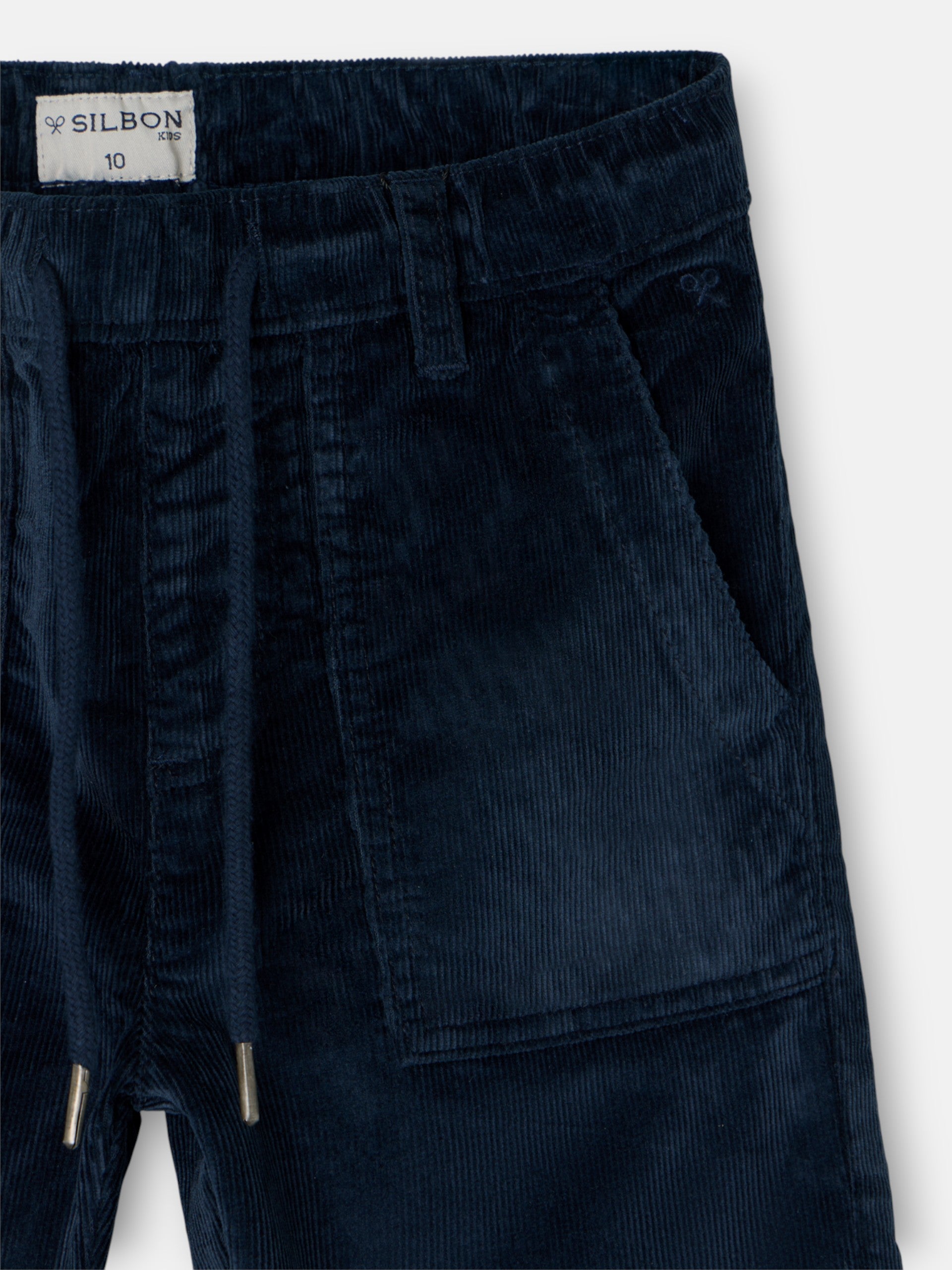 Kids' sport trousers with pockets, navy blue corduroy