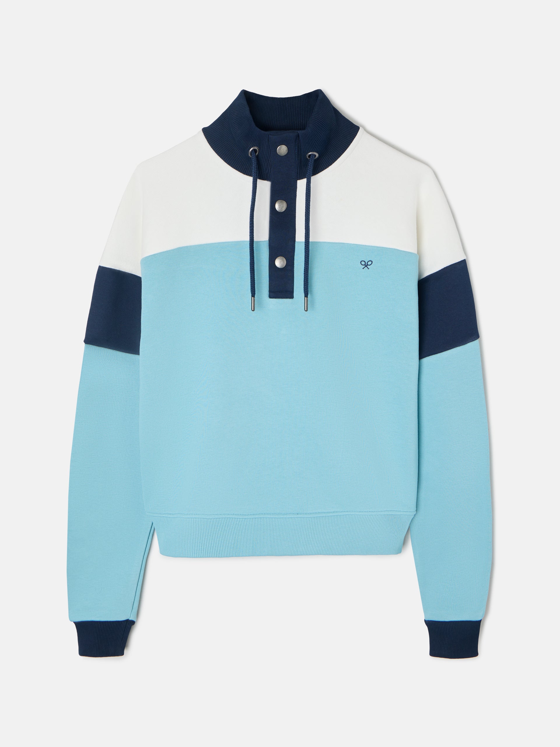 Tricolor women's sweatshirt with blue buttoned collar